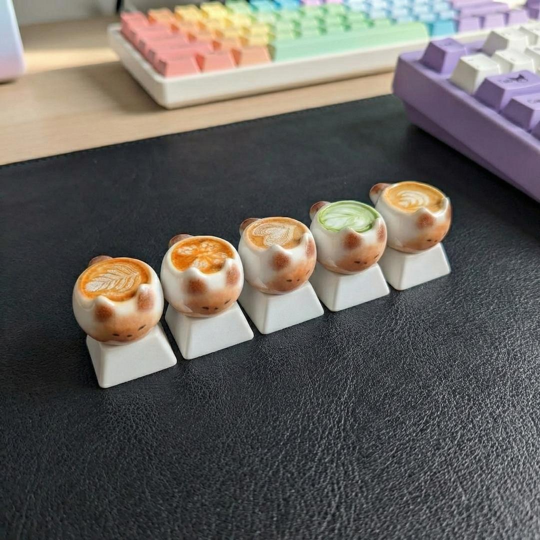 Cute Thai Cat Coffee Cartoon Keycaps, Kawaii Pbt Mechanical Keyboard Caps, Customizable DIY Anime Game Accessories Gift