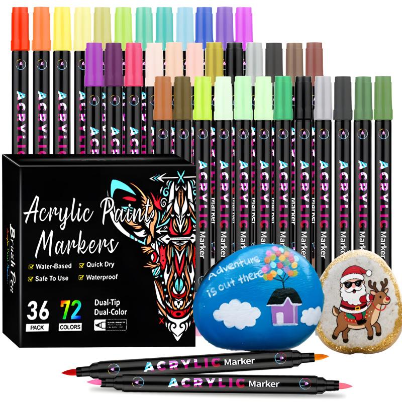 Acrylic Paint Markers Pens Set, Dual Tip Dual-Color Brush Tips Acrylic Paint Pens, Creative Coloring Markers, Acrylic Drawing Markers for Rocks, Wood, Canvas, Stone, Fabric, Plastic DIY Art Supplies Back to school
