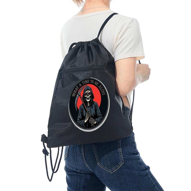 Grim Reaper Printed Drawstring Backpack Durable Gym Bag with Zipper Pocket for Outdoor Sports Travel School Use Trendy Casual Style Perfect Halloween Birthday Christmas Gift for Teen and Young Adults