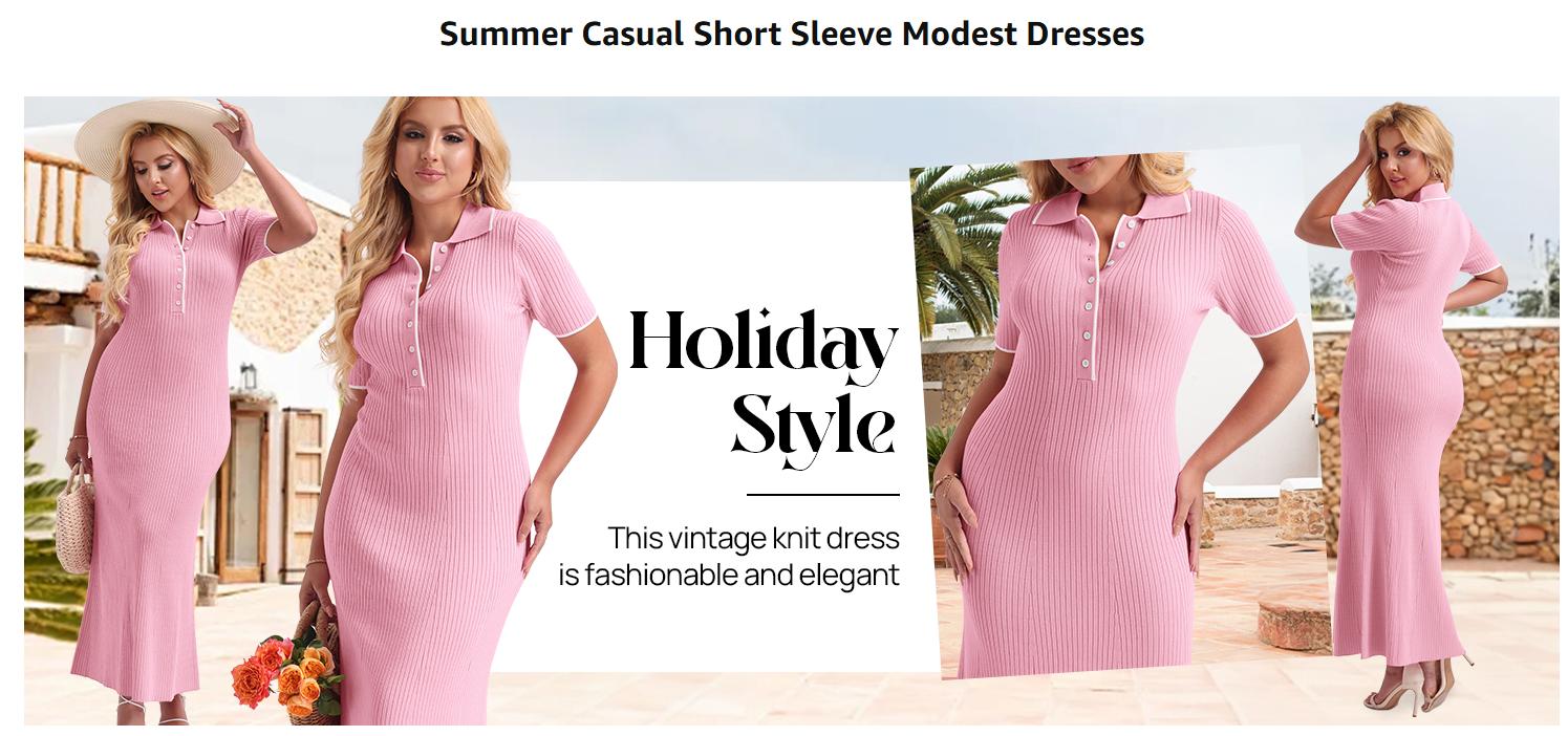 MEROKEETY Women's V Neck Ribbed Knit Maxi Dress Button Short Sleeve Slim Fit Bodycon Sweater Dress