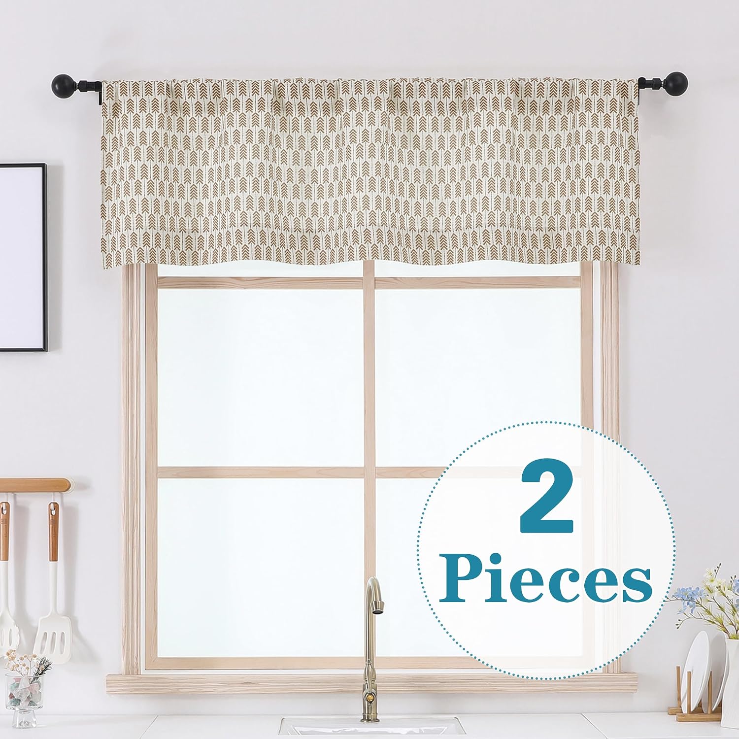 Valances for Windows - Light Filtering Faux Linen Small Valance Kitchen Curtains, Boho Rod Pocket Short Cafe Curtains for Bathroom Basement, 52Wx14L, 2PCS, Taupe