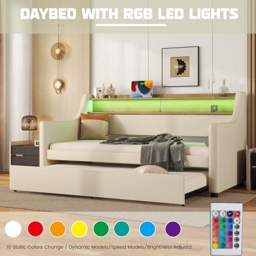 Bellemave Twin Size Daybed with Trundle Upholstered PU Leather Charging Station LED RGB Lights Stylish Storage Headboard Space Saving