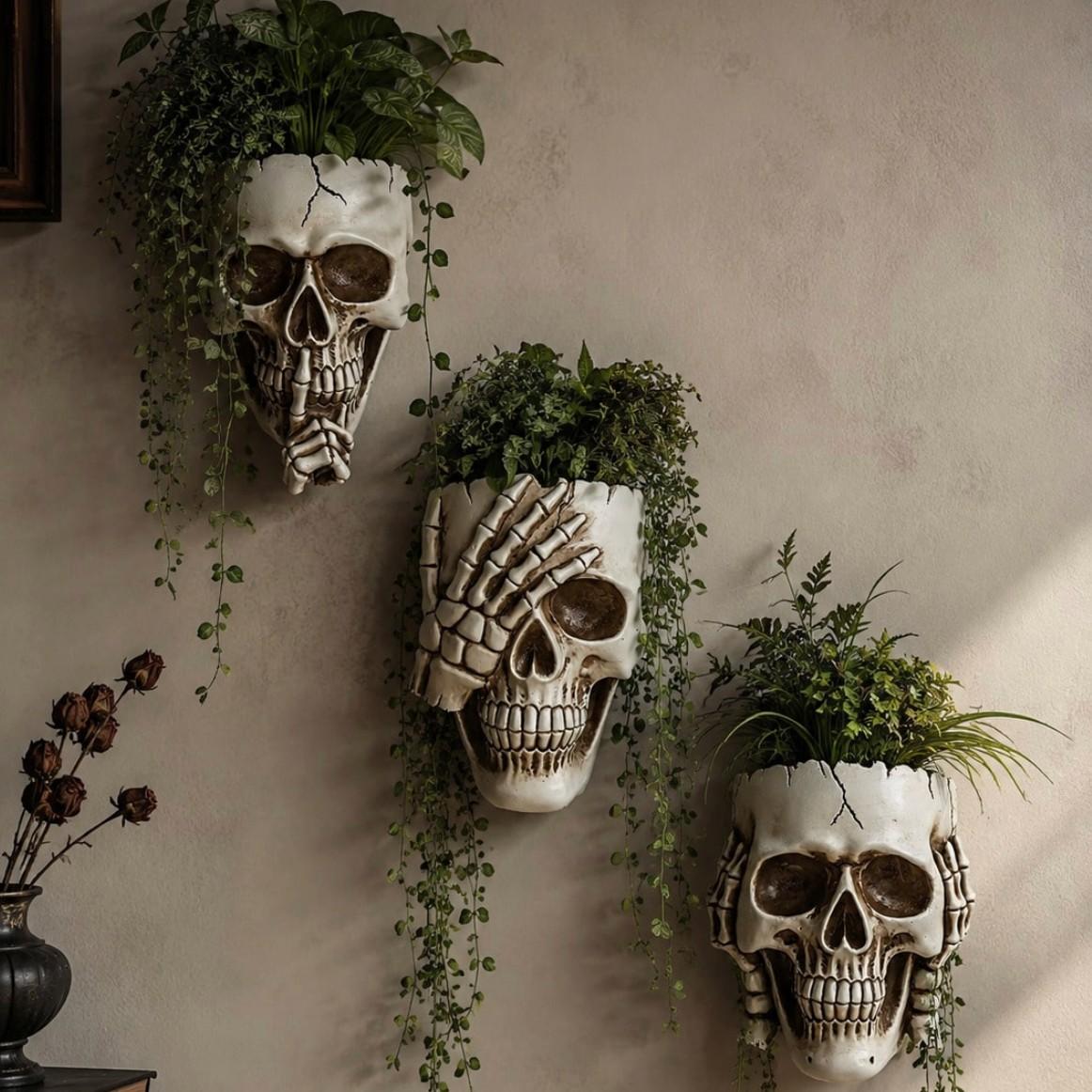 3-Piece Wall Hanging Skull Flower Pots, Decorative Resin Plant Holder, Gothic Room Decor, Vintage Inspired Home Decoration, Unique Wall Art