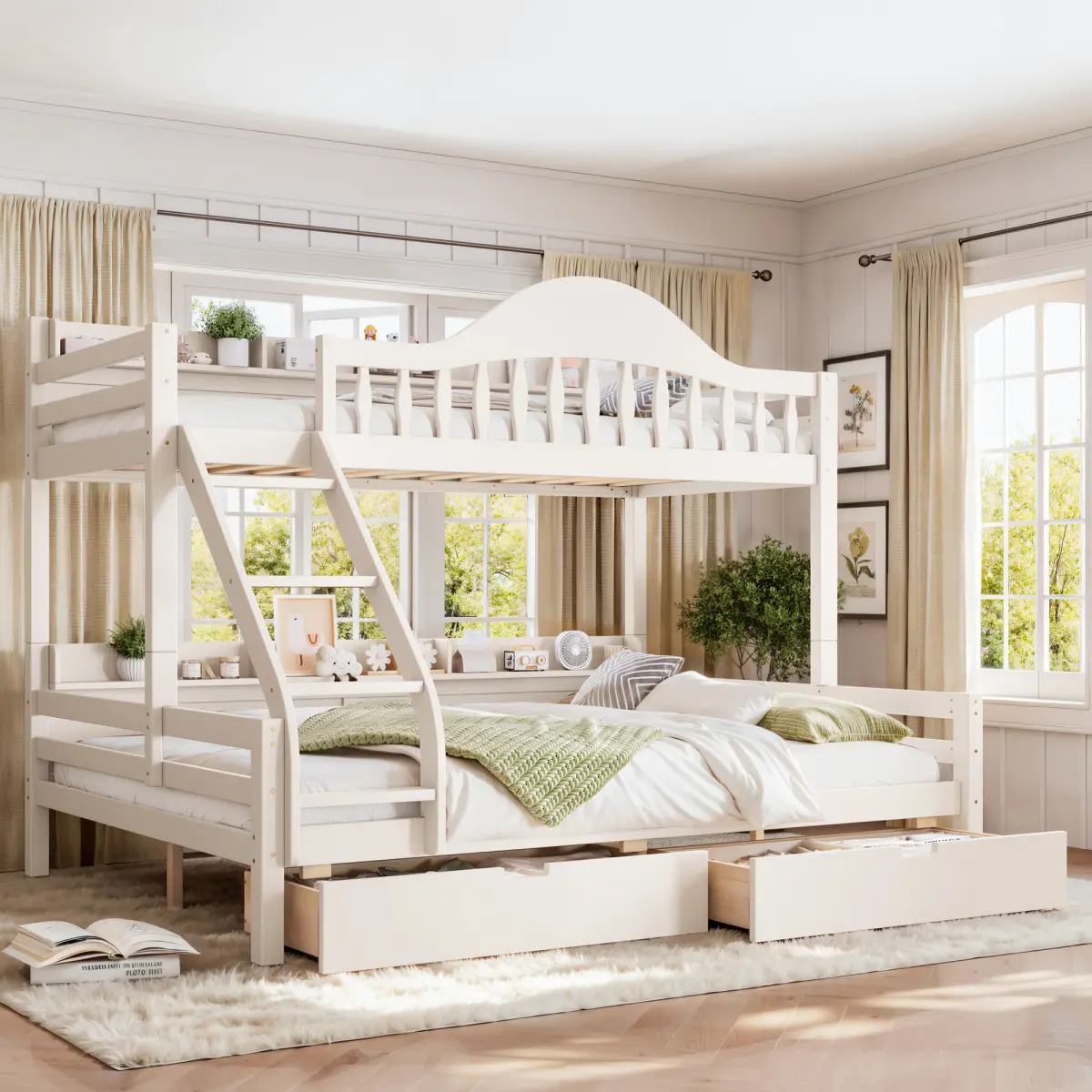 Bellemave Twin Over Full/Twin XL Over Queen Bunk Bed with 2 Storage Drawers, Chic Curved Guardrail & Side Storage Shelves, Solid Wood Bed Frame with Ladder, Easy Assembly