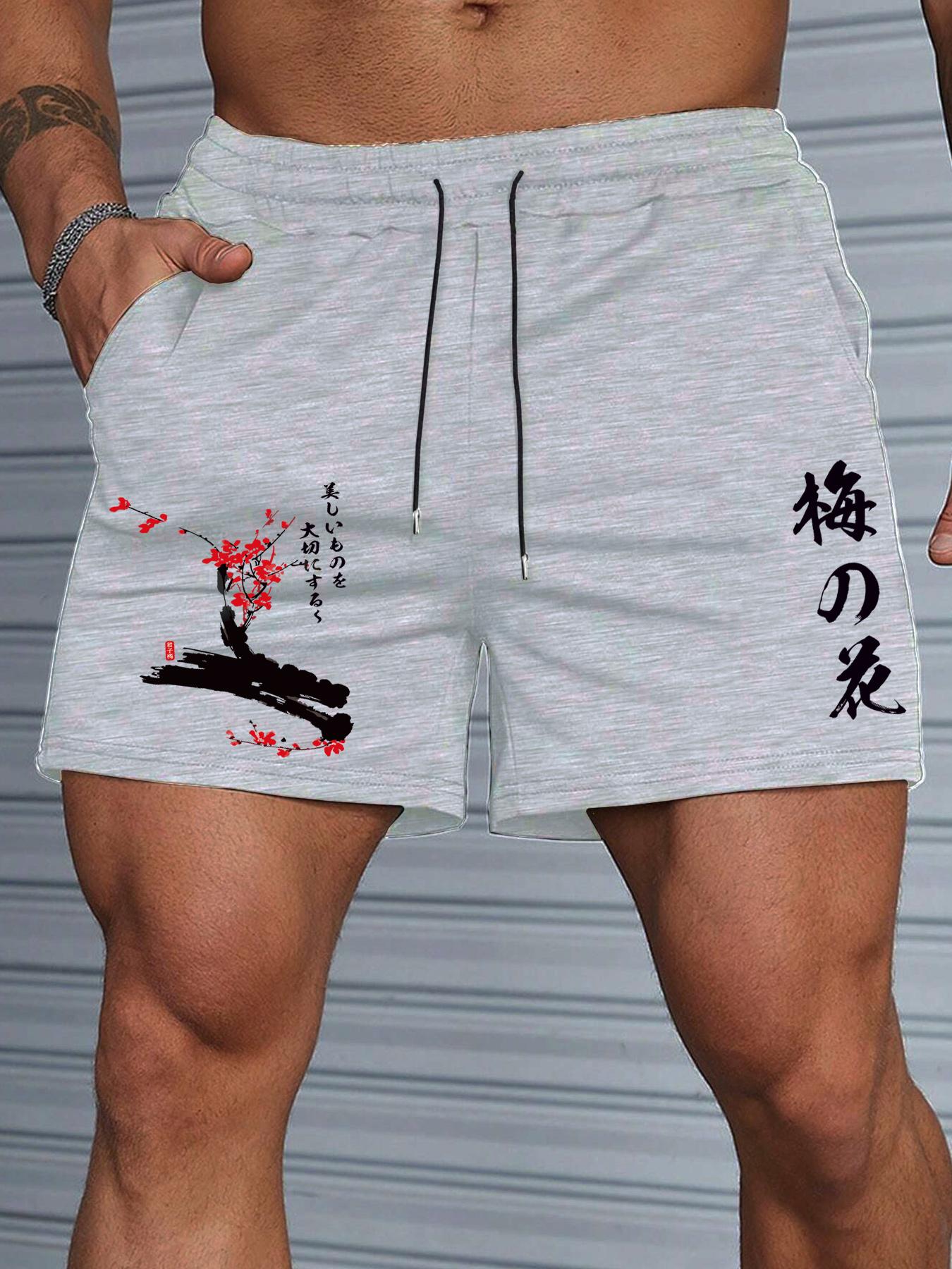 Men's Floral Graphic Print Pocket Drawstring Shorts, Freaky Shorts for Men, Loose Casual Summer Clothes, Men's Bottoms, Elastic Loose Shorts, Casual Streetwear Shorts