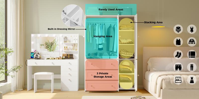 VOWNER Freestanding Wooden Wardrobe Closet Armoire Storage Cabinet 3 Doors with Hanging Rod Bedroom Large Capacity Tall Armoire Organizer with Shelves VOWNER Freestanding Wooden Wardrobe Closet Armoire Storage Cabinet 3 Doors with Hanging Rod Bedroom Large Capacity Tall Armoire Organizer with Shelves