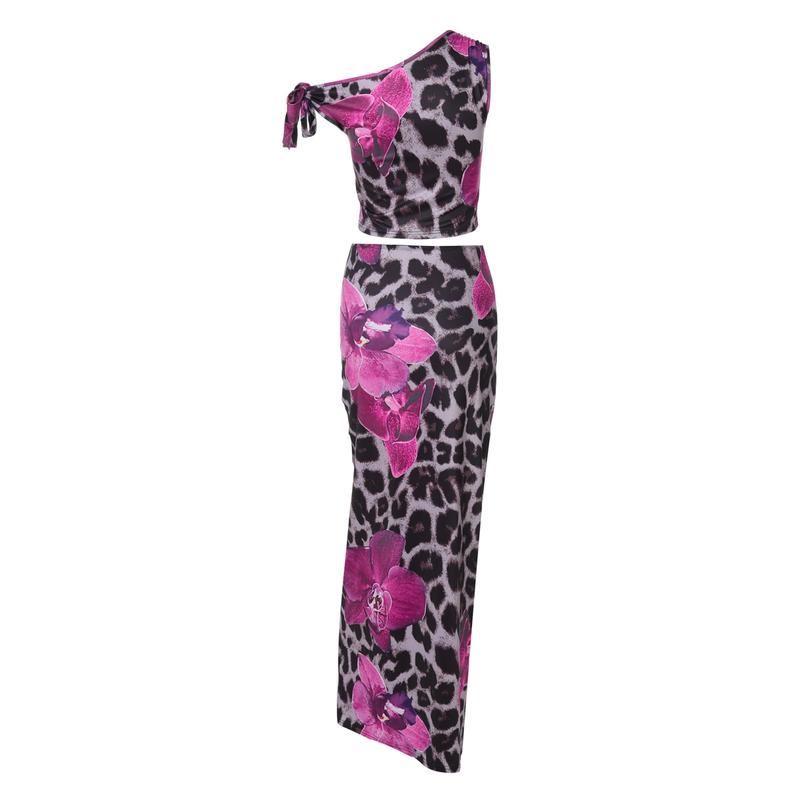 Two-piece Set Women's Floral Print One Shoulder Sleeveless Lace-up Tank Top & Bodycon Skirt, Casual lounge set, Backless Strapless Irregular Neck Crop Top Long Skirts Suits, Party Club Date Holiday Casual Outfits For Ladies Summer Clothes Wear