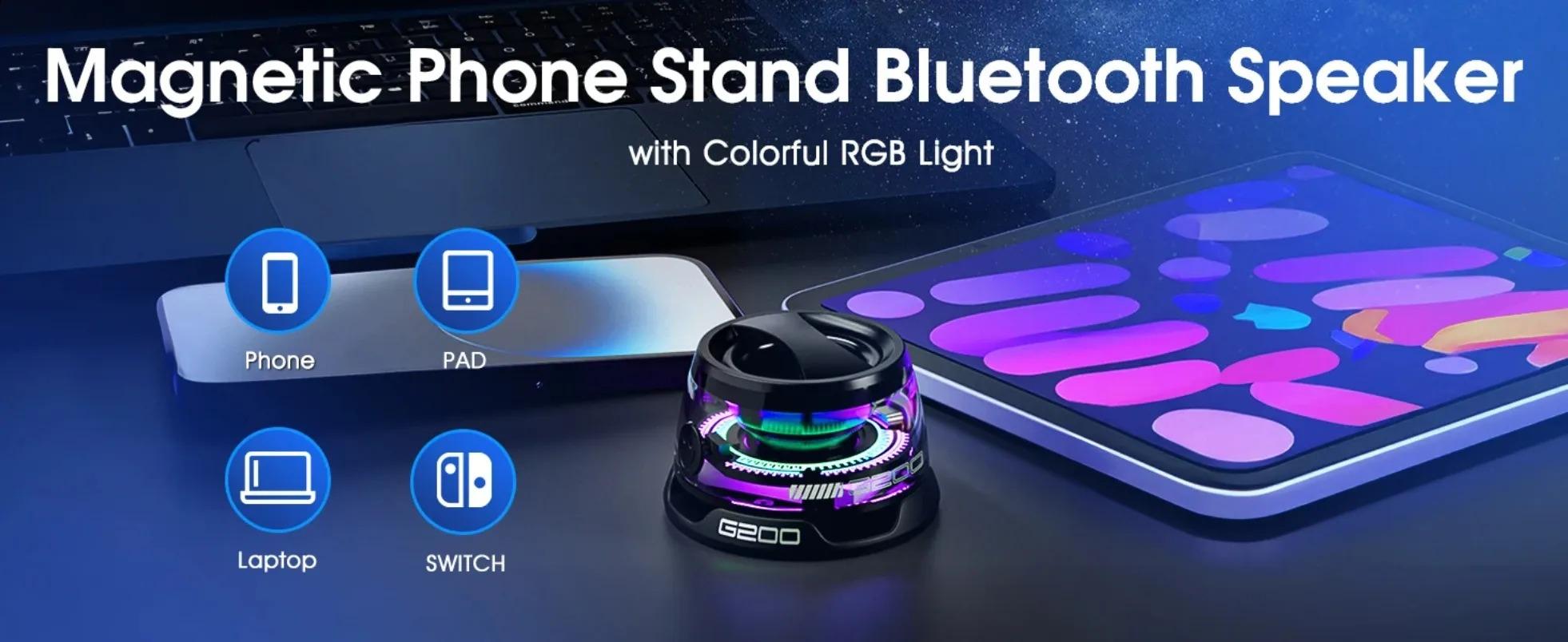 Mini Travel Stereo Speaker Outdoor Magnetic Bluetooth Speaker Wireless Portable with RGB Color Light and Phone Holder for IOS