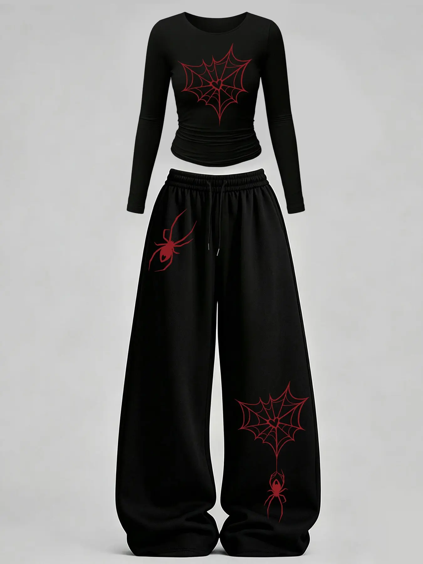 Women's Slim Fit Round Neck Long Sleeve Top + Casual Straight Leg Sports Pants Set, Spider Print, High Waist, All Seasons