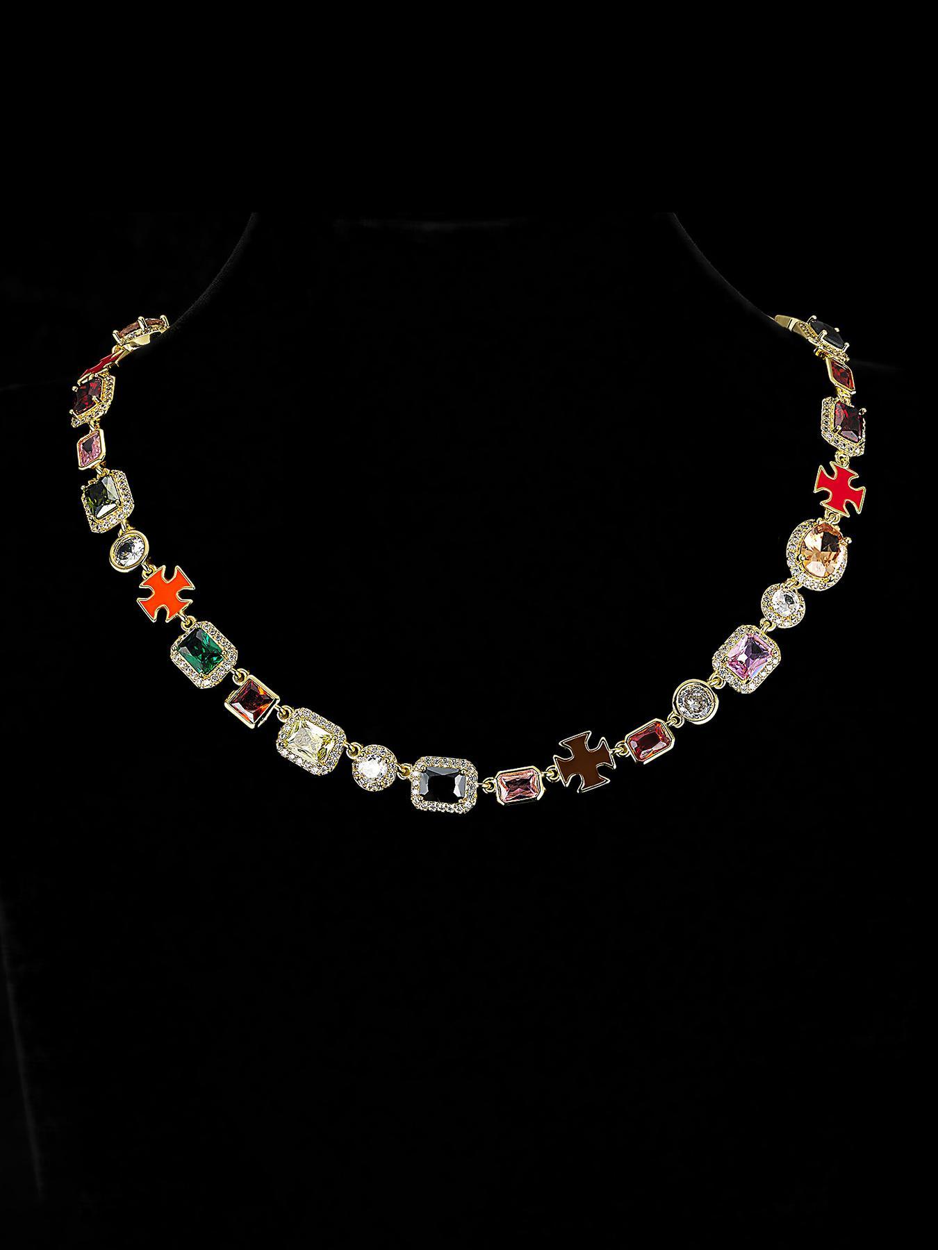 Iced Chics 2pcs/set Necklace Bracelet Set, Zirconia Jewelry Set, Colorful Zircon Cross Drip Pendant, Hip Hop Street Style, Unisex, Perfect Gift, All Seasons