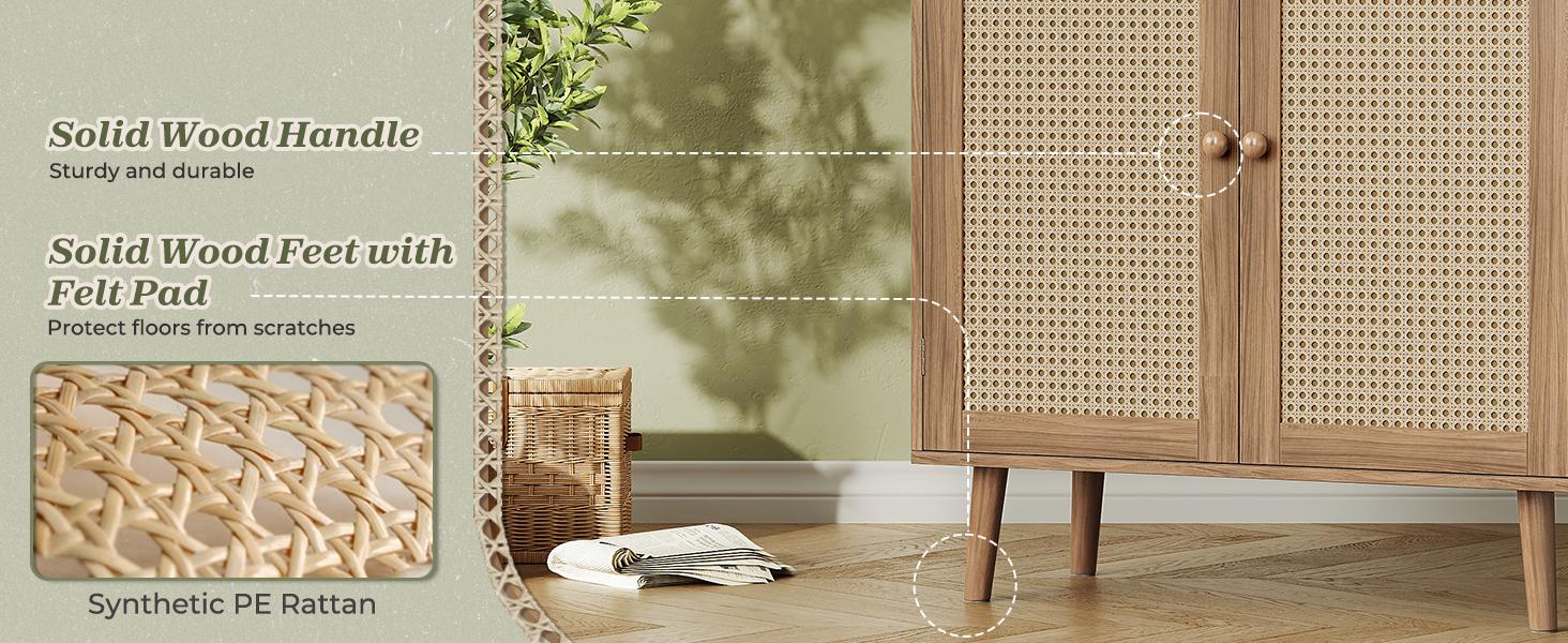 Huuger Buffet Cabinet with Storage, Storage Cabinet with PE Rattan Decor Doors, Media Console with Solid Wood Feet, Sideboard Cabinet for Hallway, Entry, Living Room