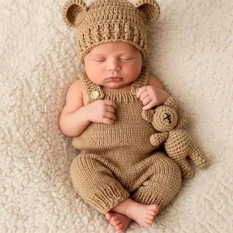 3PCS Hand‑Knitted Baby Bear Romper Set, Newborn Photography Outfits for Boys & Girls, Soft Cozy Newborn Photo Prop Outfit, Cute Animal‑Themed Baby Gift Set, Ideal for Studio Shoots, Milestone Sessions, Home Photoshoots and Baby Shower Gifting