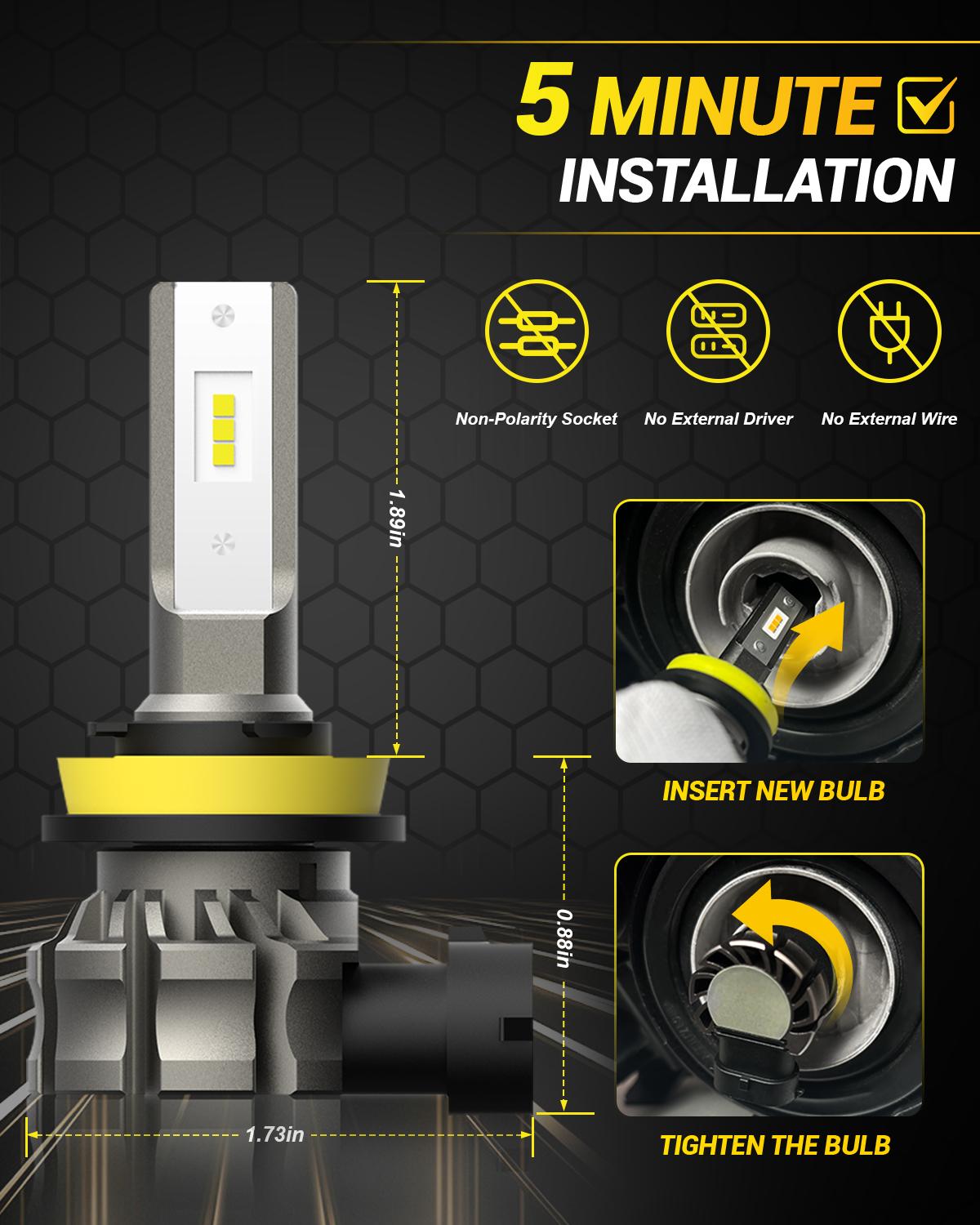 AUXITO H11/H8/H16 LED Fog Light Bulbs or DRL, 6000 Lumens 6500K Cool White Light, 300% Brightness, CSP LED Chips Fog Lamps Replacement for Cars, Play and Plug (Pack of 2)