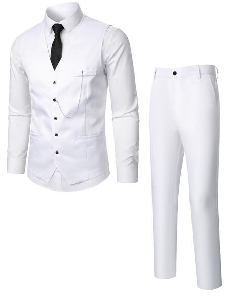 Two-Piece Set Men's Solid Button Front Suit Vest & Pocket Pants Suit Set, Chain Decor V Neck Top & Trousers, Men's Formal Outfits for Work Office Business Two-Piece Set Men's Solid Button Front Suit Vest & Pocket Pants Suit Set, Chain Decor V Neck Top & Trousers, Men's Formal Outfits for Work Office Business