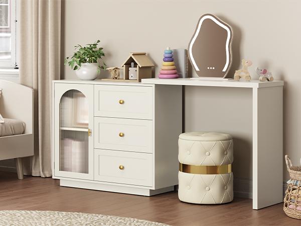 RoyalCraft Makeup Vanity Desk with Drawers, Large Extendable Corner Table for Working,Studying,Drawing, Sewing, and Nail Care, Modern Dressing Table & Home Office Desk for Bedroom, Makeup Vanity Without Mirror (White,beige) RoyalCraft Makeup Vanity Desk with Drawers, Large Extendable Corner Table for Working,Studying,Drawing, Sewing, and Nail Care, Modern Dressing Table & Home Office Desk for Bedroom, Makeup Vanity Without Mirror (White,beige)