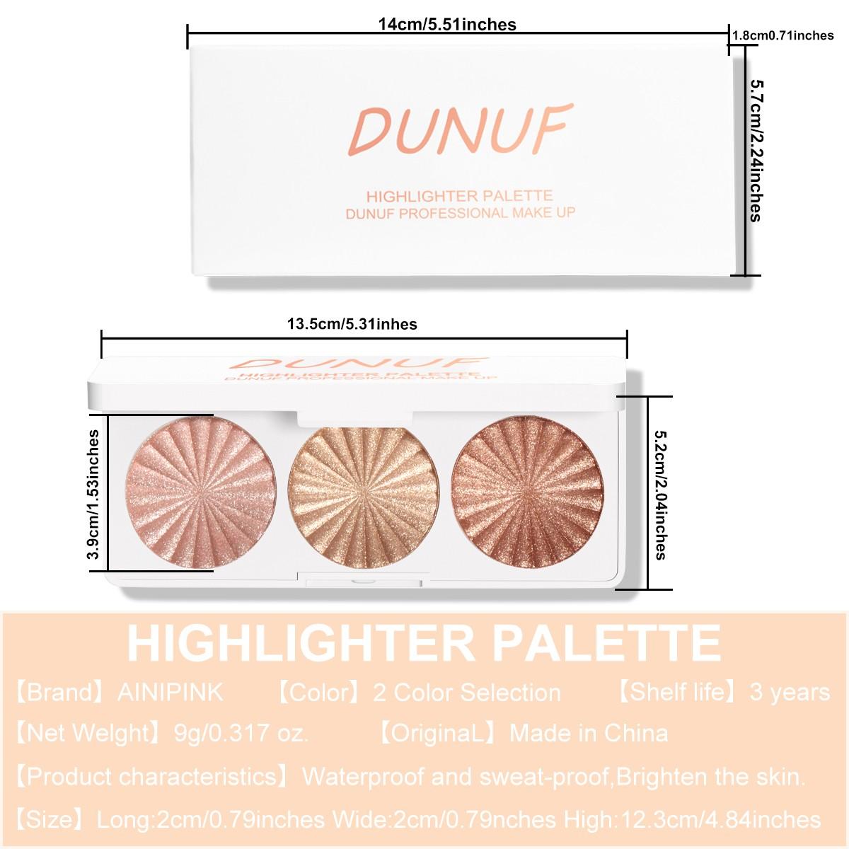 3-color highlighter palette, waterproof long-wearing multi-functional makeup palette. Available in 3 shades ranging from light pink to shimmering gold, it can be used as blush, contour, eyeshadow and facial brightener. This portable facial makeup product