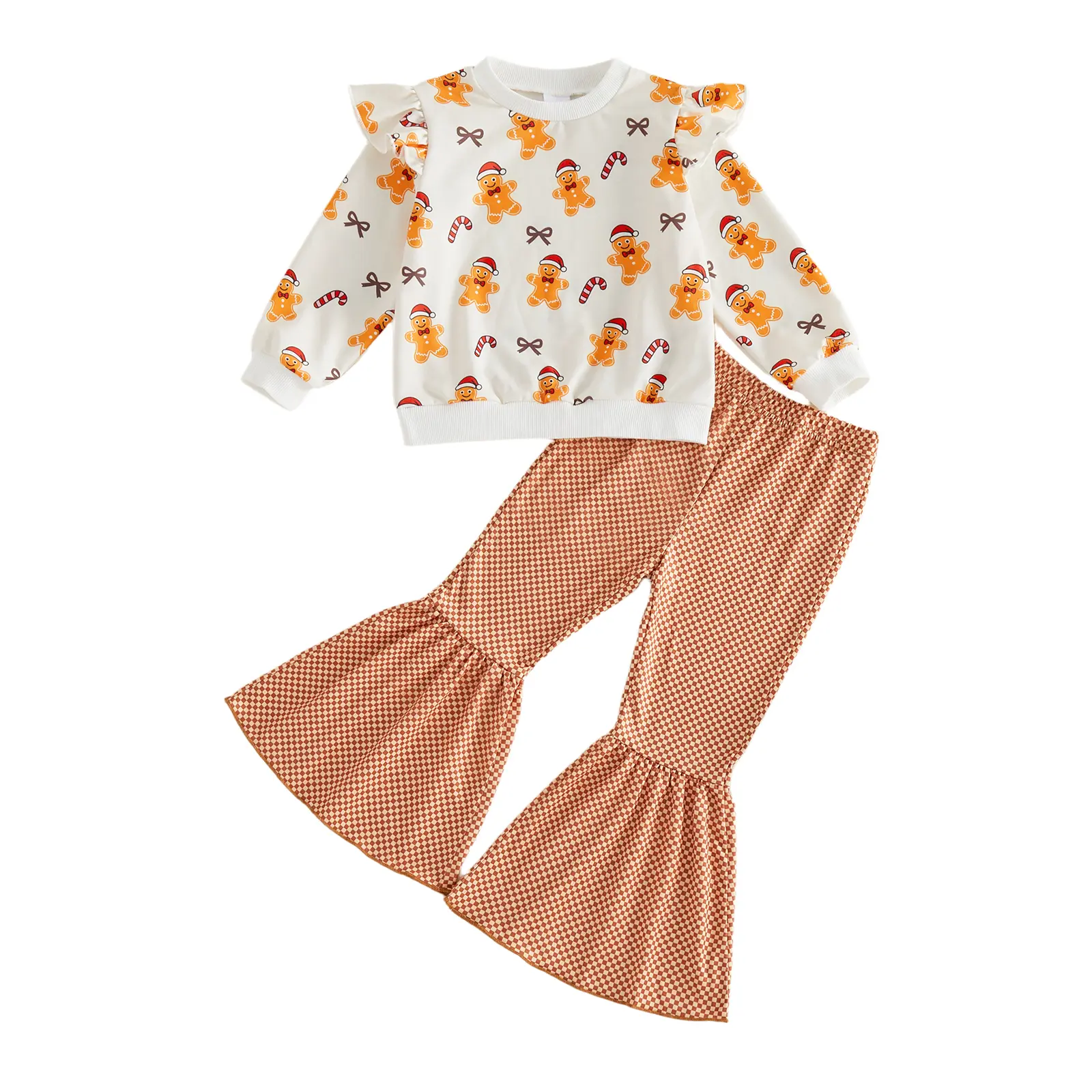 FOCUSNORM Toddler Baby Girls Christmas Outfit Gingerbread Man Print Ruffle Long Sleeve Sweatshirt Gingham Flare Pants 2Pcs Fall Winter Clothes 12M-6T