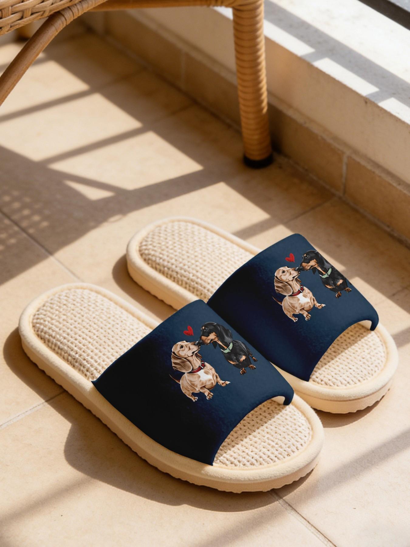 Cute Dachshund Couple Linen Slippers, Breathable Non-slip Casual Lightweight All Season House Shoes for Dog Lovers Women Men Family Daily Wear