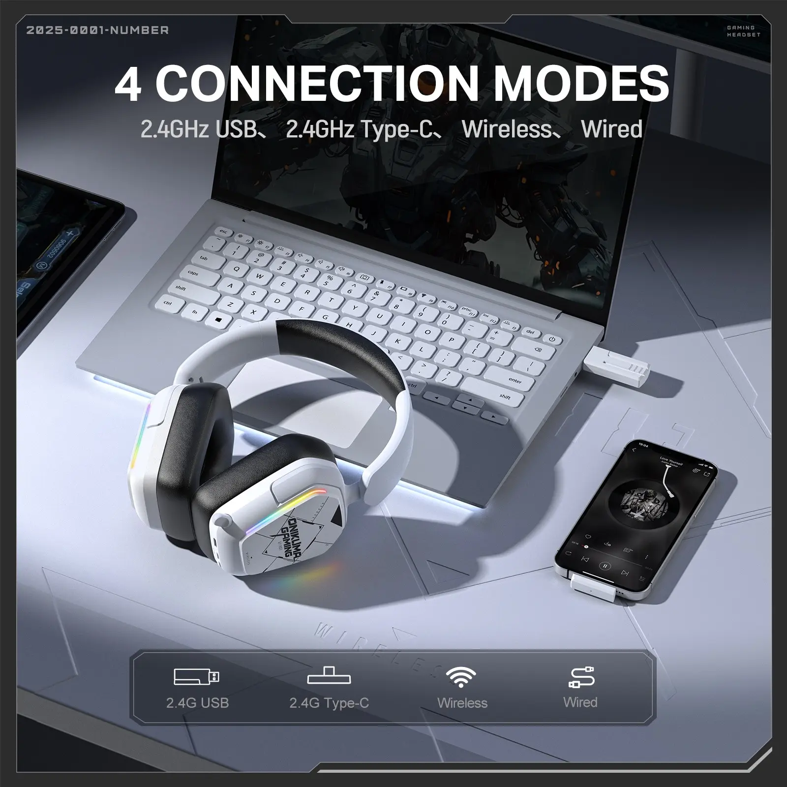 ONIKUMA GT883 Wireless Gaming Headset, 4-Mode Bluetooth 5.4 Headphones with 2.4GHz USB/Type-C & Wired Connection, 40mm Drivers, Foldable 90° Earcups, Mic, RGB Light, 20H Playtime