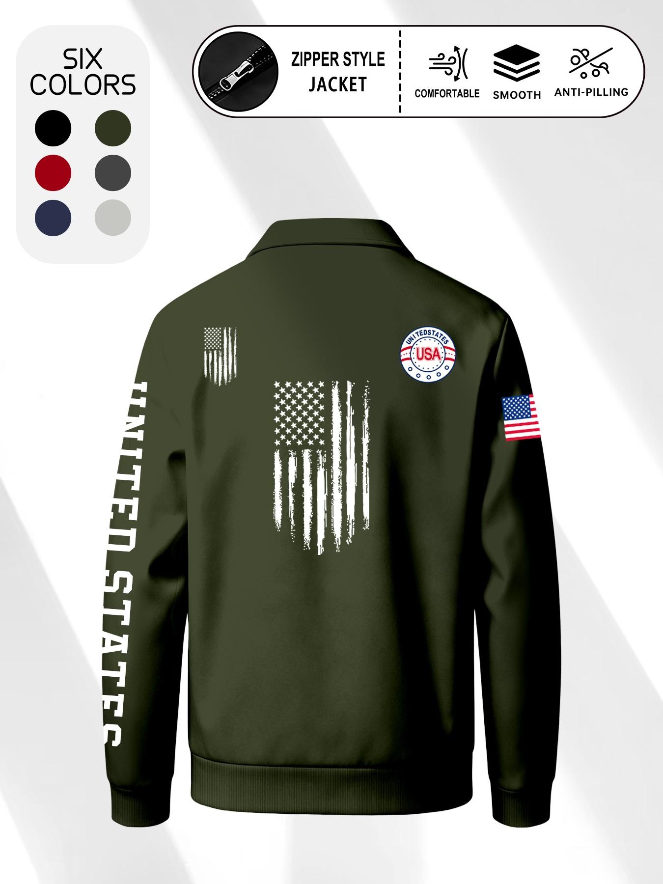 Men's Vintage Usa Flag Print Jacket, Menswear Lapel Collar Zipper Long Sleeve Outerwear, Loose-Fit Casual Coat, Spring & Fall, Multiple Colors Available