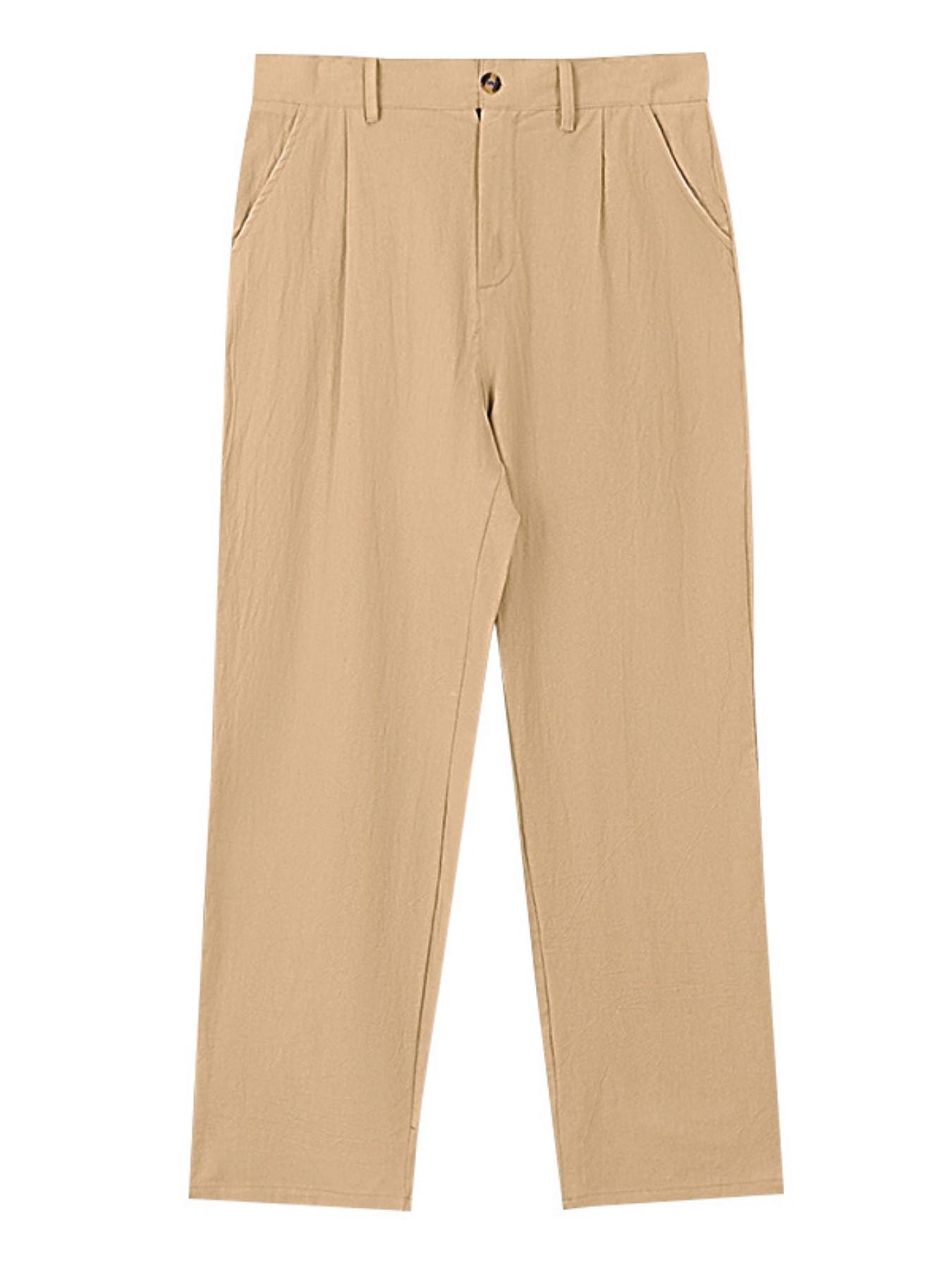 Men's Pleated Linen Breathable Straight Leg Casual Comfy Trouser, Single Button Front, Loose Fit, Relaxed Fit, Beach Vacation, Business, Solid Color, Multicolor