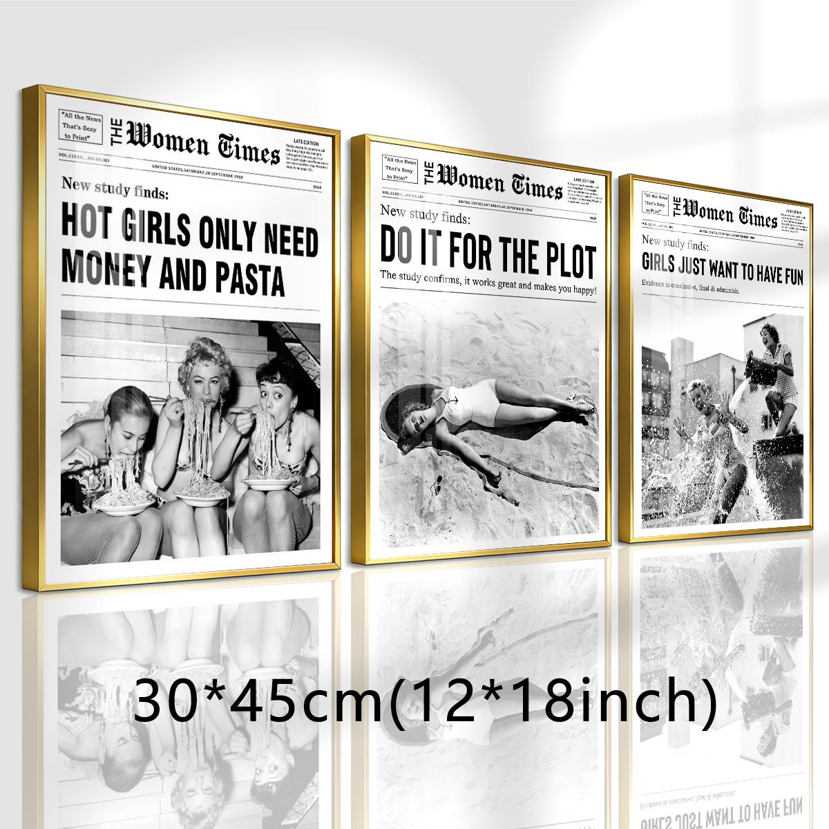 3 Counts Aluminum Alloy Framed Painting, Vintage Women Newspaper Poster Set, Home Decoration For Living Room, Bedroom, Office, Restaurant, Hallway Wall Decor, Odorless Print Artwork, Luxury Perfect Gift For Friends And Family