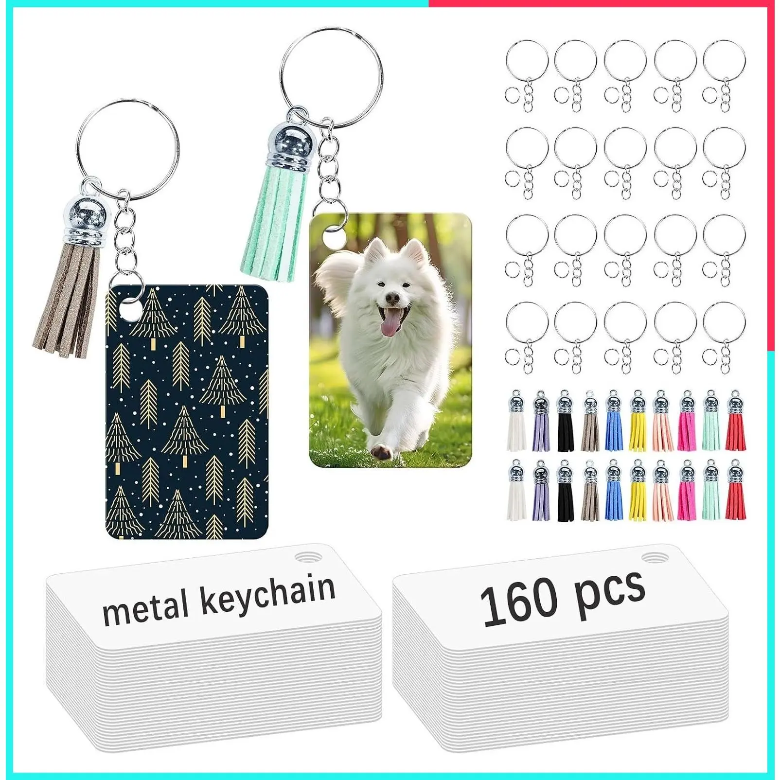 160 Pcs Metal Sublimation Keychain Blanks Bulk, Double Sided Heat Transfer Keychain Blanks with Tassels, Sublimation Ornament Blanks Keychain