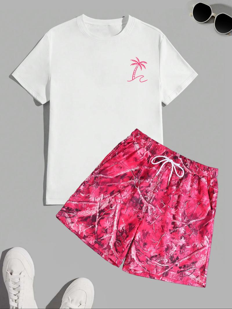 Men's Regular Fit Letter Print Shortsleeve Tee & Tropical Print Shorts Set, Casual Short Sleeve T-shirt & Drawstring Waist Shorts, Summer Clothes Set for Men, Homewear, Casual Lounge Set, Menswear, Pajamas Sleepwear