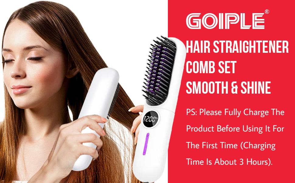 Wireless Hair Straightener Comb Kit Adjustable Heat Rechargeable Portable Comb for Smooth Frizz-Free Hair Styling Cordless Lightweight