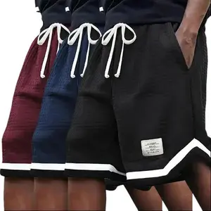 Men's Plus Size Waffle Knit Shorts (3-Pack), Mid Waist, Plain Basic Loose-Fitting, Stretch Drawstring Waistband, Summer Casual Breathable Soft Fabric, Solid Black Gray Khaki, Versatile Homewear Streetwear