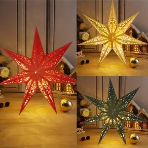 Vintage style hanging star lantern - elegant 7-cornered paper star lampshade with hanging ring, red/gold/dark brown/black/transparent - Christmas, New Year, Valentine's Day decoration - indoor/outdoor party decoration, suitable for home, tree or desktop c