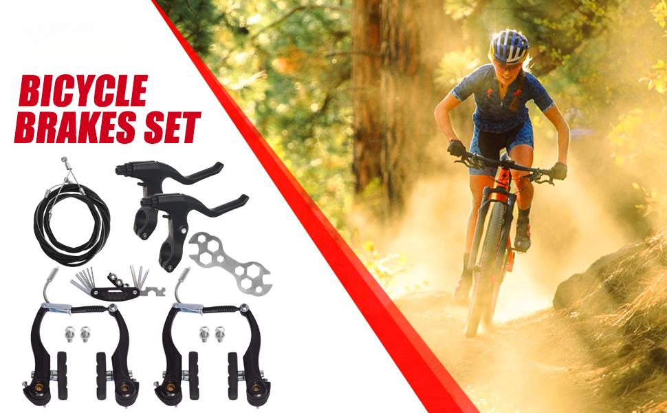 V-Type Bike Brakes Set, Complete Universal Bike Front and Rear MTB Bicycle Brake, Inner and Outer Callipers Cables Lever Kit with Multi-Tool Wrenches Black cobmx fit