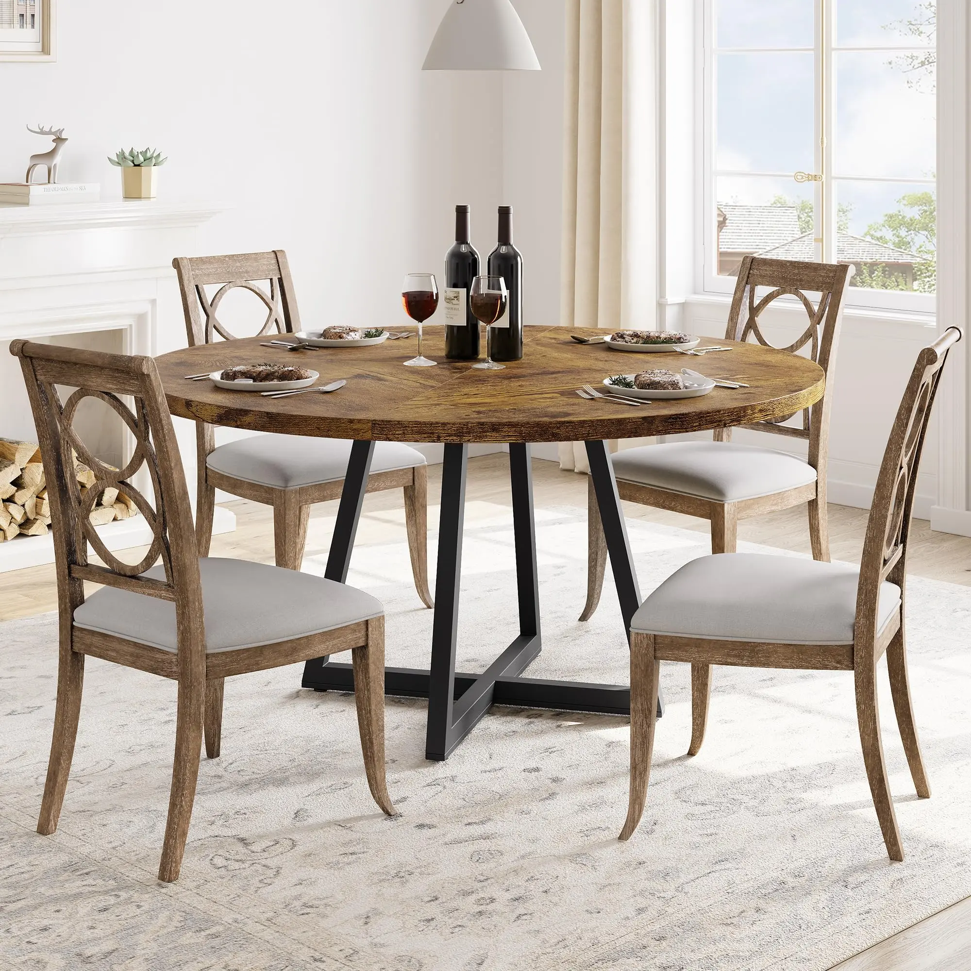 GARVEE Round Dining Table - 47-Inch Rustic Brown Table for 4, Industrial Kitchen Table with Wooden Top & Metal Base for Home Dining or Living Room