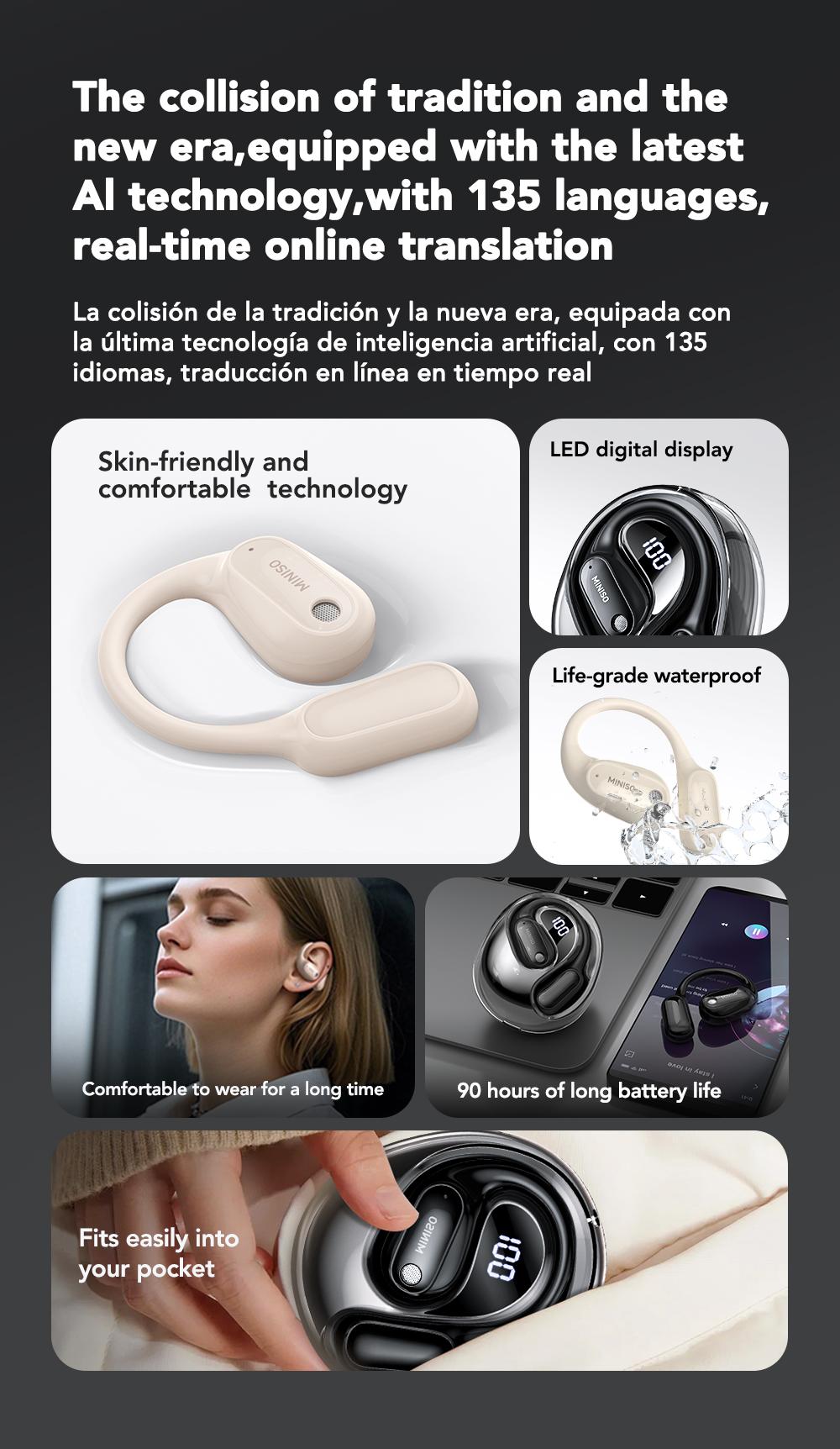 MINISO MS190 Translation Earbuds, Supports Real-Time Translation in 134 Languages With APP, Bluetooth 6.0 Earphones, Audio Wireless Earbuds for Music & Phone Calls, IPX5 Waterproof Sports Electronic Headphones with Long Endurance