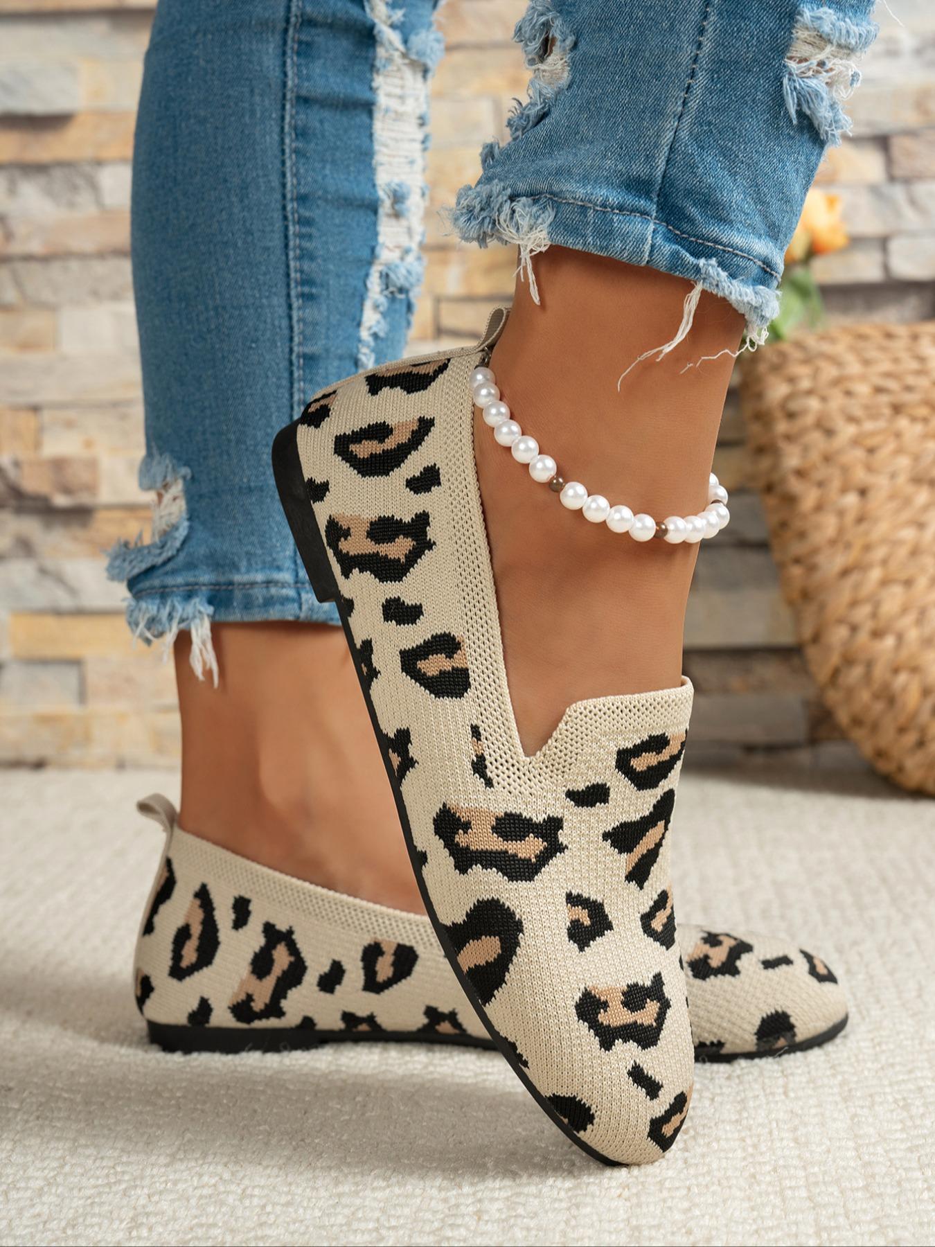 Women's Fashion Knitted Leopard Print Flat Shoes, Slip On Shoes, Casual Shoes, Elegant Versatile Basic Design, Comfortable Large Size, Suitable for Home and Outdoor