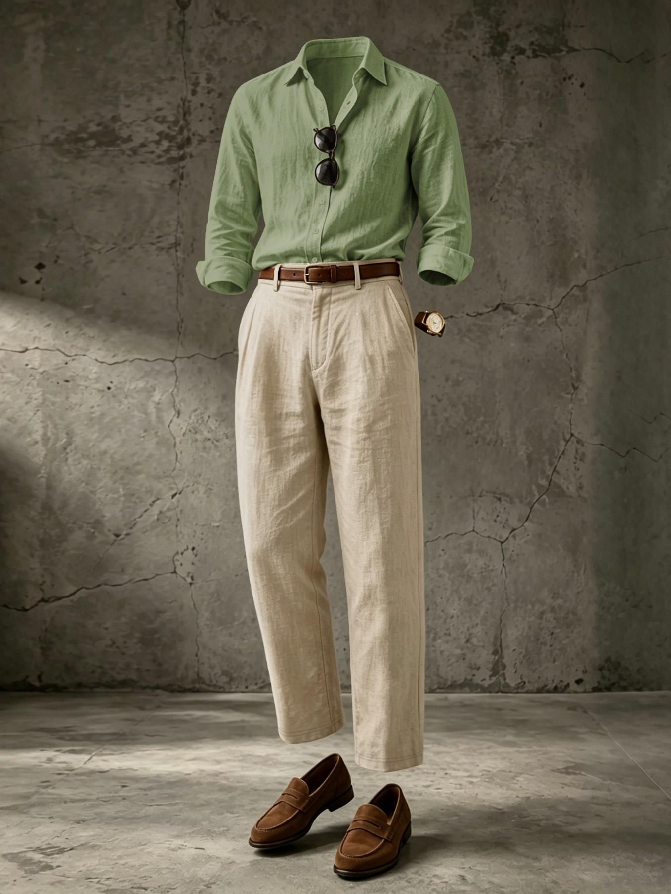 Men's Linen Set, Casual Loose-Fit Blouse and Pants, Long Sleeve Button-Down Shirt, Business Daily Wear, Formal, All Seasons