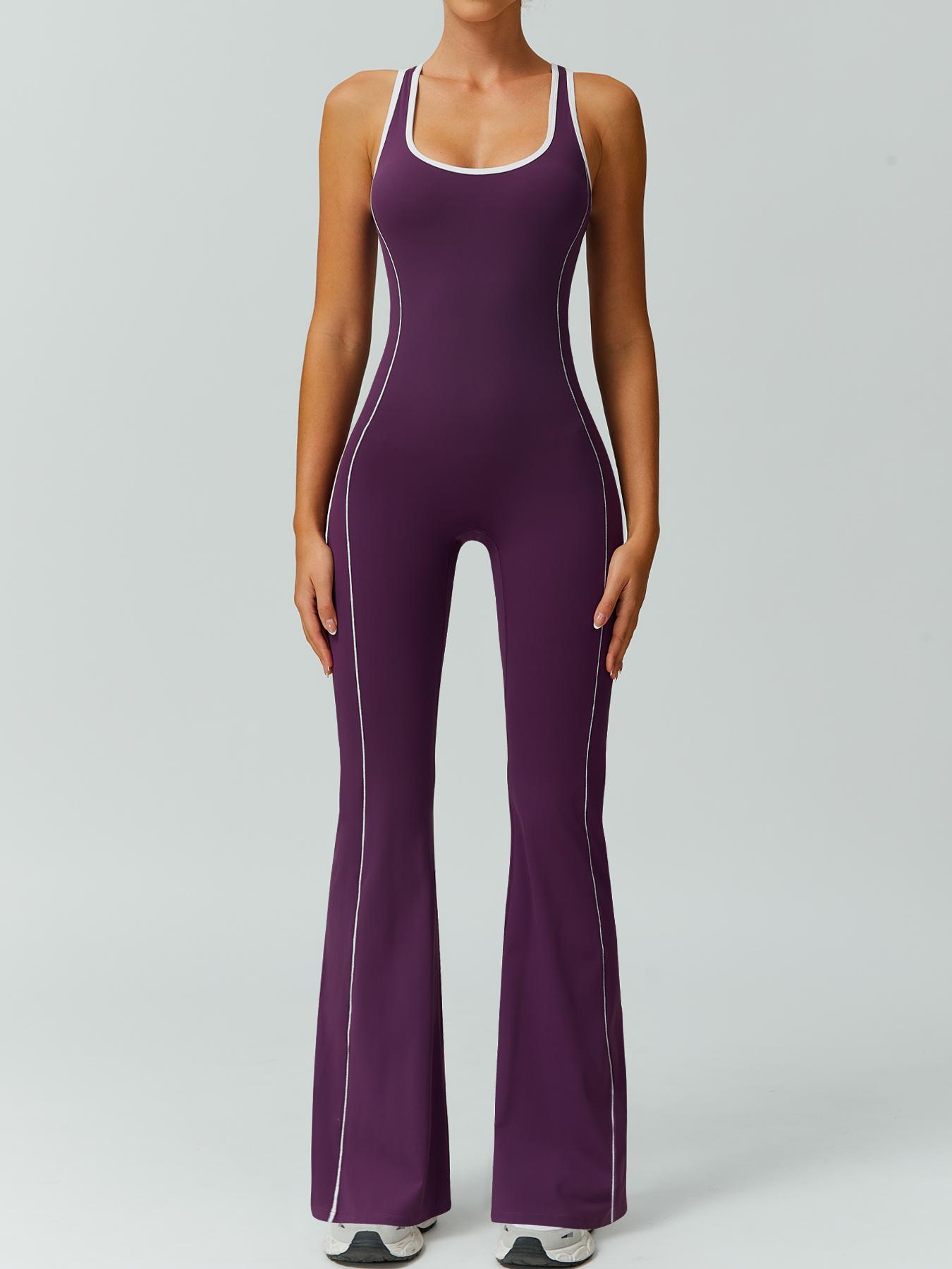 Women's color blocked backless jumpsuit comfortable and nude with a cinched waist sleeveless U-neck wide leg flared pants yoga clothes jumpsuit suitable for gym training outdoor running dancing tennis seasonal fashion contrasting Backless Sports Jumpsuit