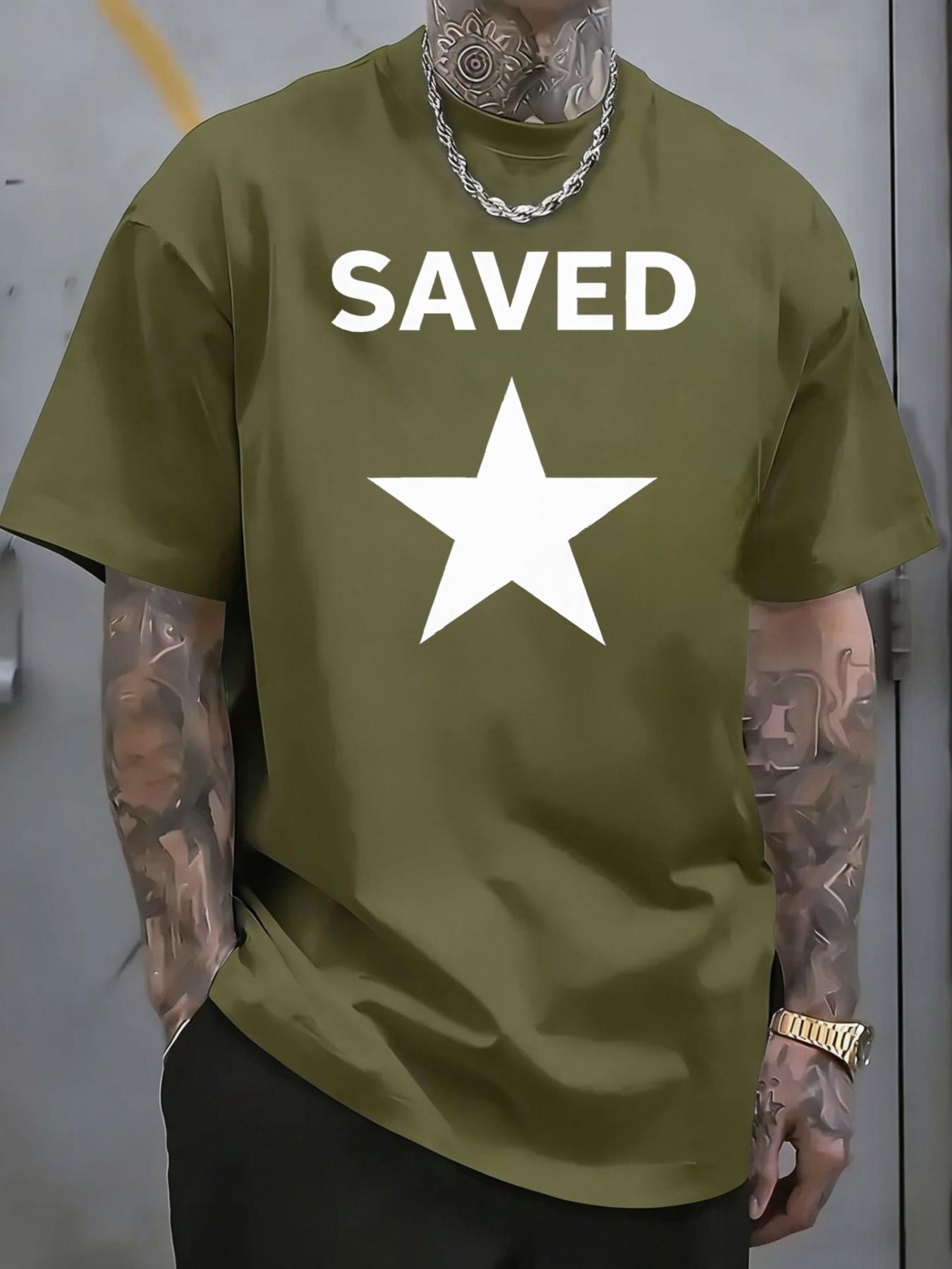Men's T-shirt SAVED with white star print pattern, trendy short-sleeved casual street wear, versatile top for daily use