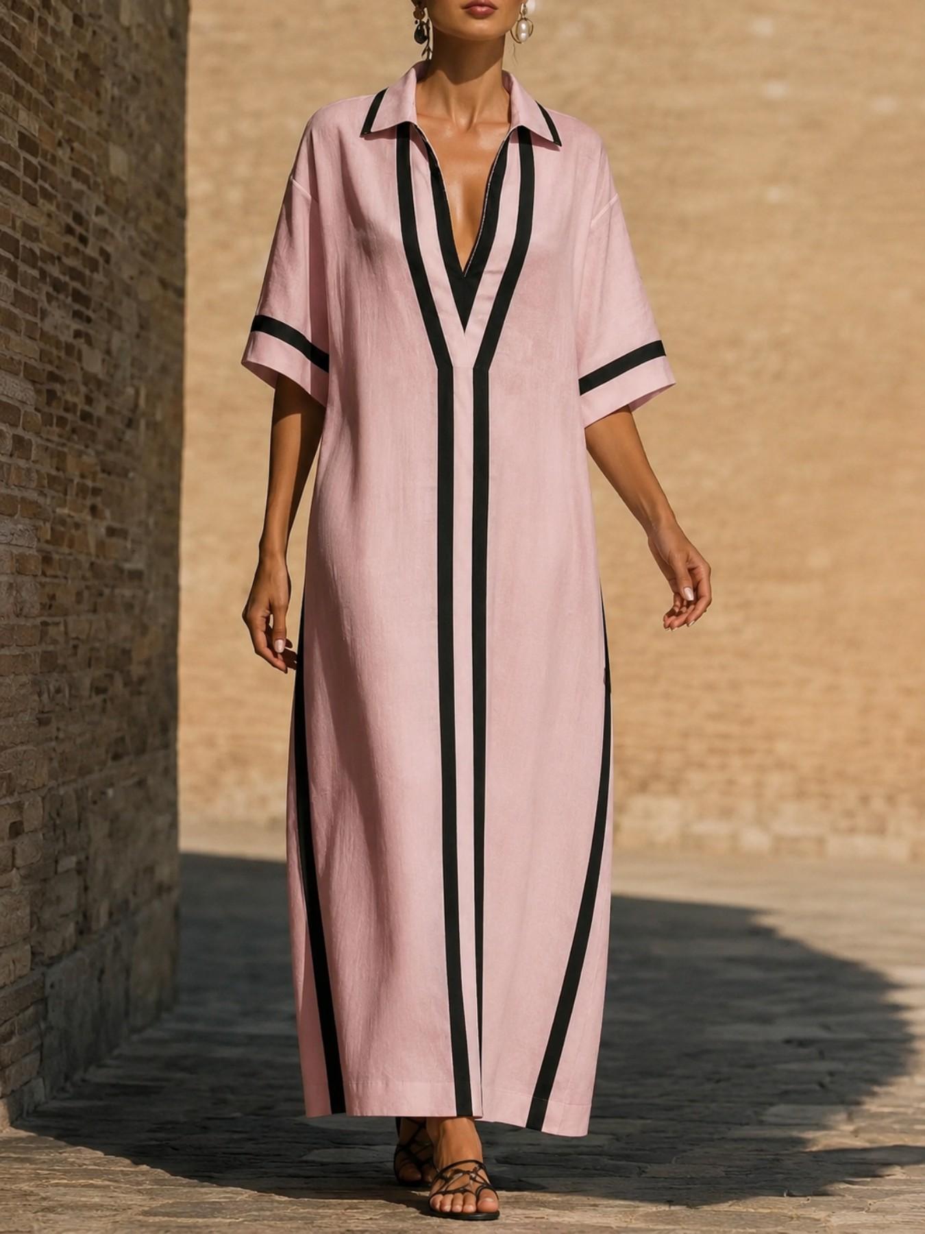 Women's New Kaftan with Pockets, Loose-Fit Striped Print Long Dress, Half Sleeve & Deep V Neck Design, Casual Boho Chic Summer Dress, Bohemian Casual Fashion for Beach and Vacation, Boho Style Dress