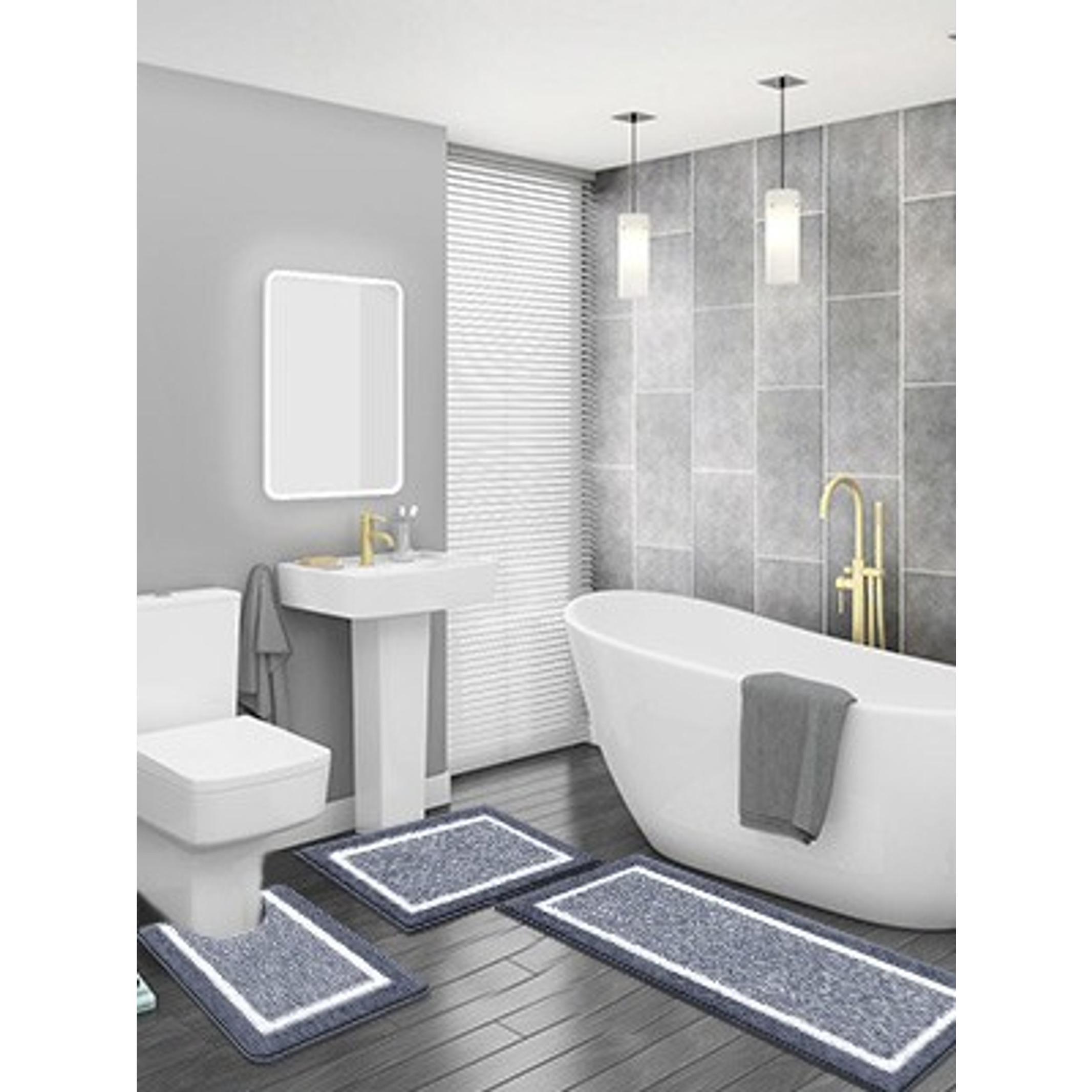 3 Piece Non Slip Washable Bathroom Rugs Set, Plush Absorbent Microfiber Bath Mat Shower Rug Runner, Quick Dry Super Soft U Shaped Toilet Mat Floor Carpet, Dark Grey