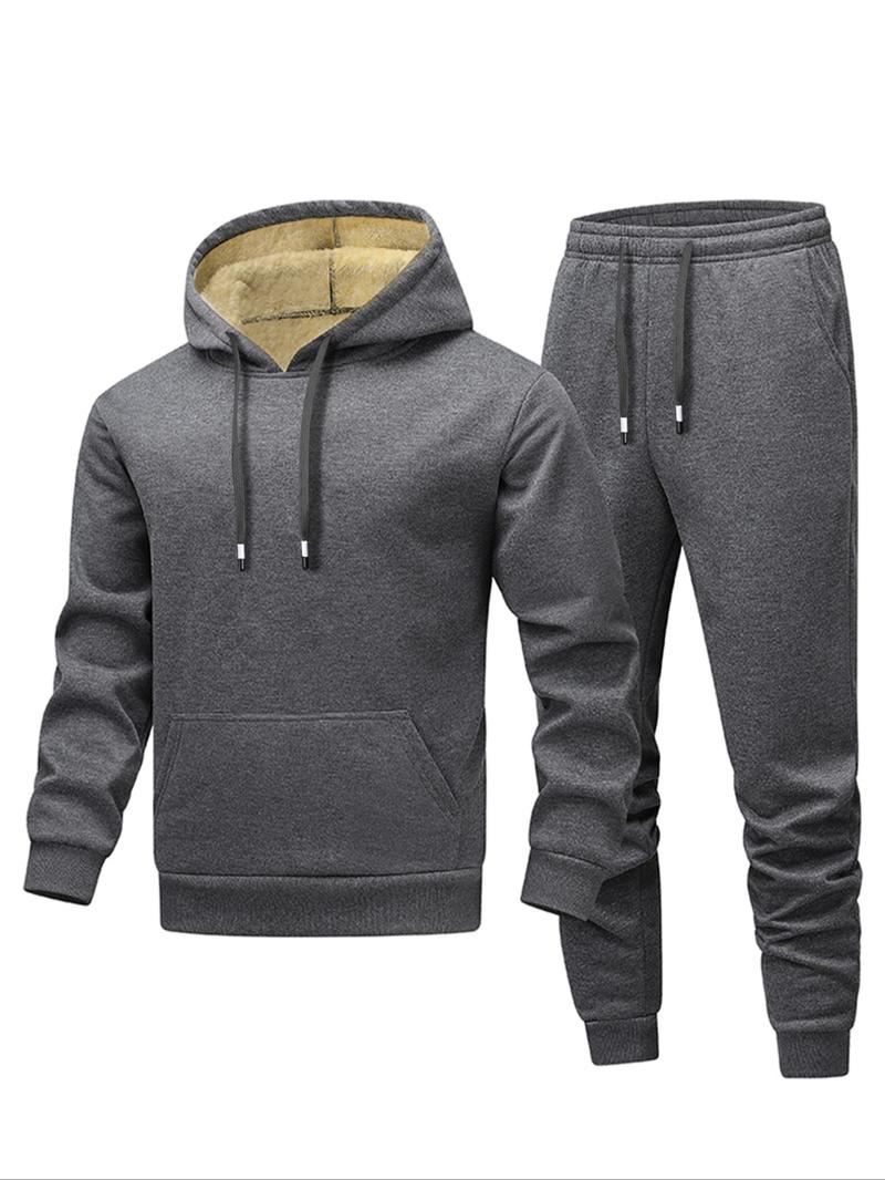 Men's Fall Winter Two-Piece Set, Hooded Plush Jacket & Casual Pants, Plus Size, Multiple Colors, Ideal for Outdoor Activities Men's Fall Winter Two-Piece Set, Hooded Plush Jacket & Casual Pants, Plus Size, Multiple Colors, Ideal for Outdoor Activities