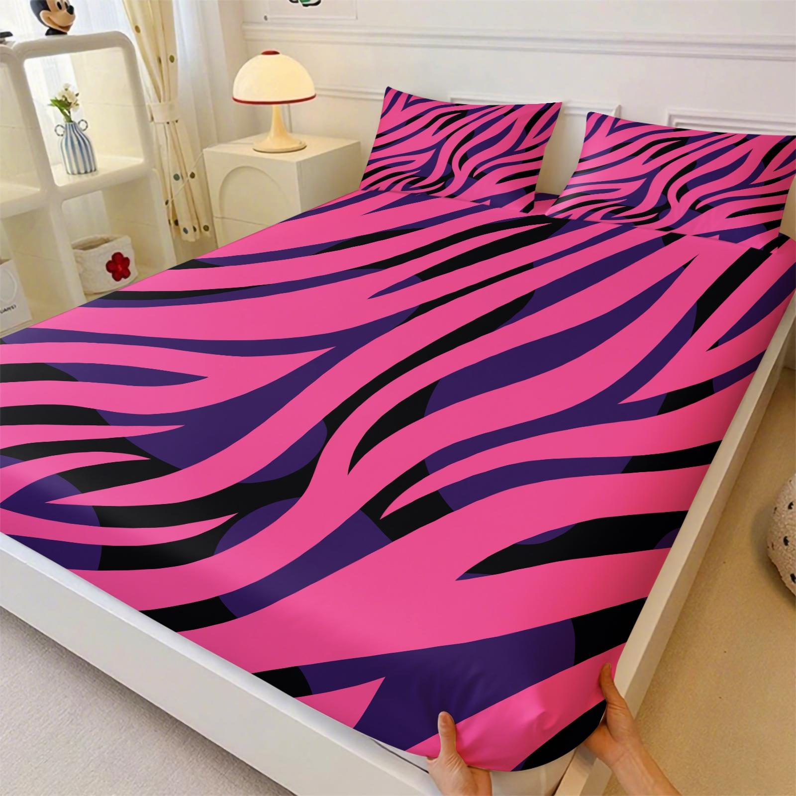 Black & Pink Zebra Print Fitted Sheet Set, 1 Bed Fitted +2 Pillowcases No Core, Hot Pink Base with Black Zebra Print, Y2K Millennial Style Bedding Non-Slip, Soft Breathable Fabric, Girls Bedroom Decor