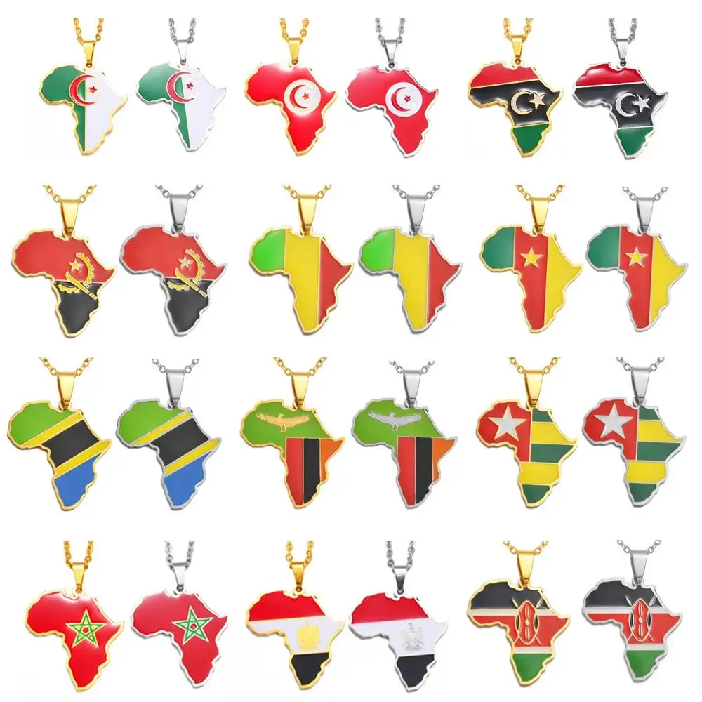 Anniyo 3CM Beaded Hip-hop Africa Map Pendant Necklace, Stainless Steel Costume Jewelry for Algeria Morocco Egypt Tunisia Libya, Birthday Gift Ideas #316621, Beaded Pendant