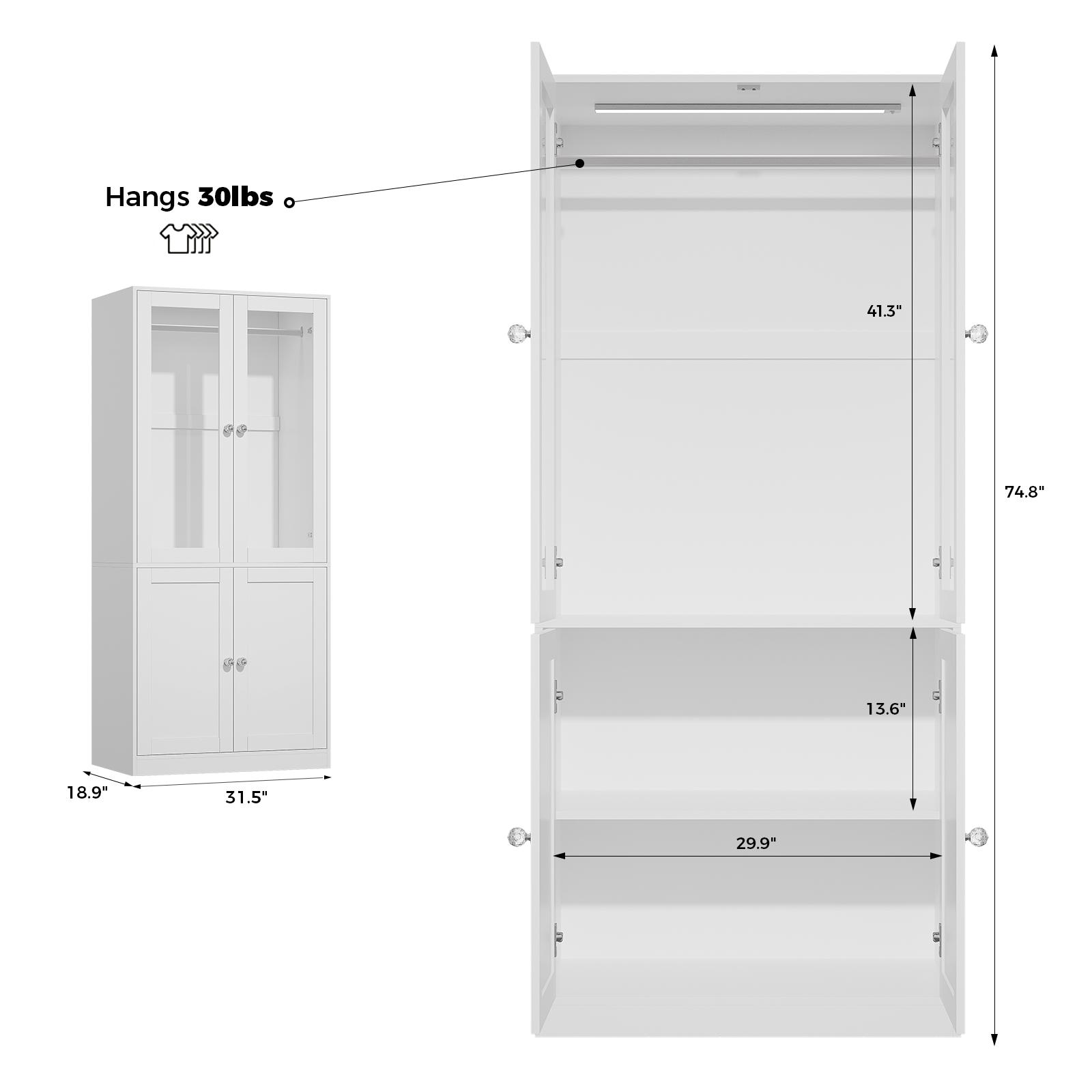VOWNER  Freestanding Wardrobe, 71" High Bedroom Wardrobe with 2 Doors and 3 Drawers, With Hanging Rod, Bedroom, Living Room, White
