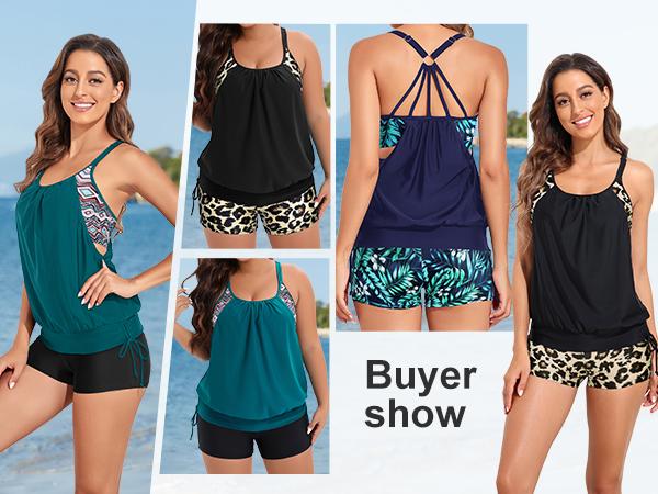 Holipick Womens Tankini Swimsuits Two Piece Tummy Control Bathing Suits Blouson Tankini Top with Sporty Boy Shorts Plus Size Tankini Swimsuits for Women Swimwear Swimsuits for Curvy Women