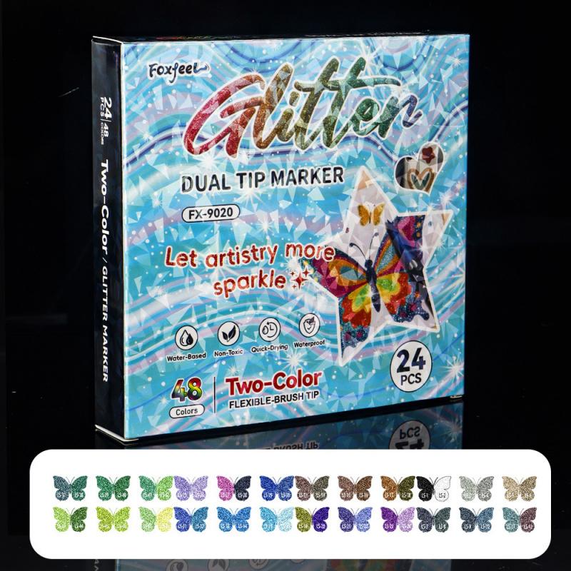 24/48/72/96 Colors Glitter Effect Brush Markers,Dual Tip Dual Color 1-5mm Soft Brush Shimmer Marker for Doodle Writing, Glitter Art Crafts Adults DIY Crafts Greeting Christmas Cards Making, Art Supplies