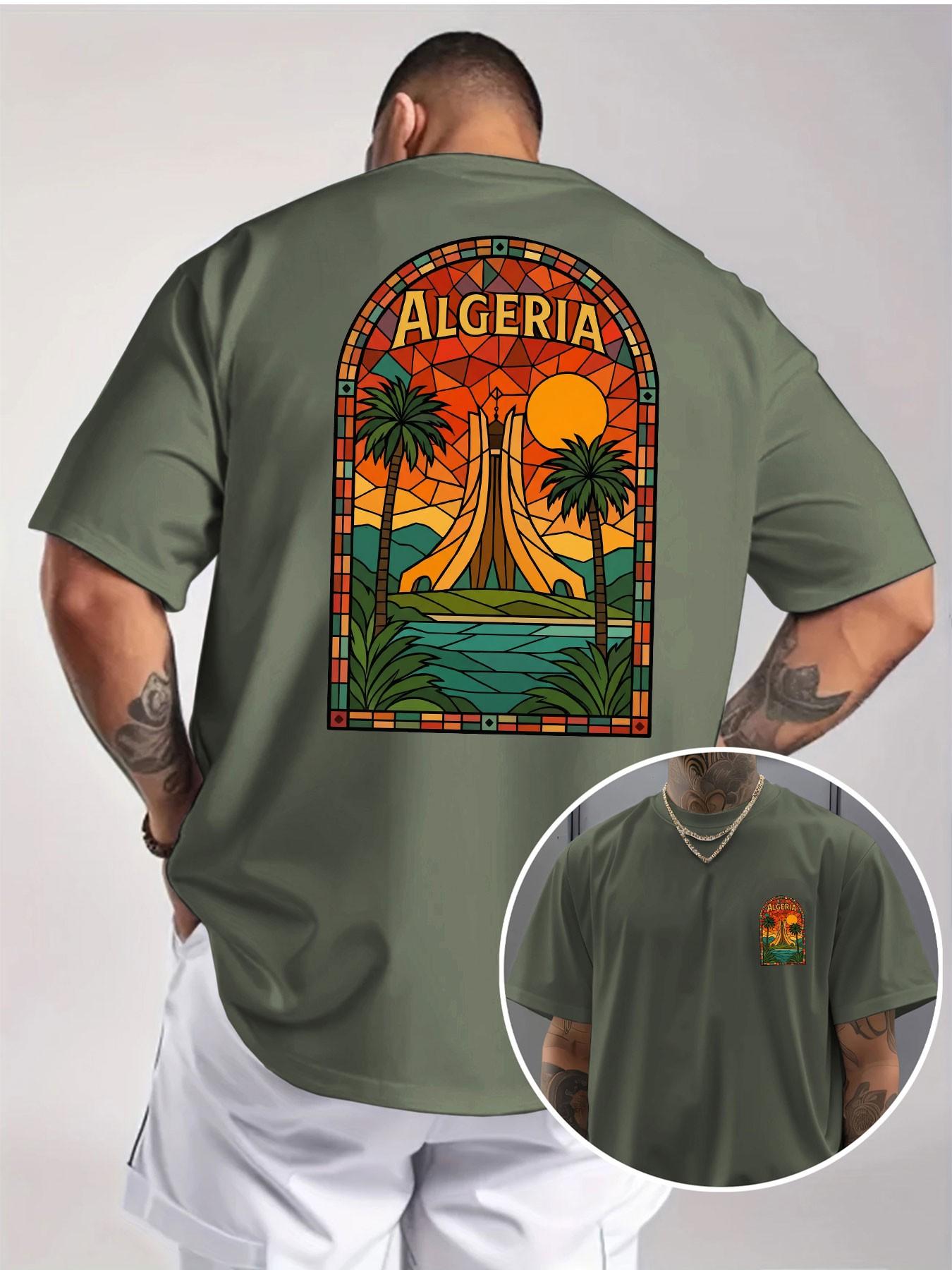 Algeria Landmark Print T-Shirt, Colorful Glass Art Style, Unisex Oversized Half Sleeve, North African Vacation Casual Tee, Cultural Souvenir