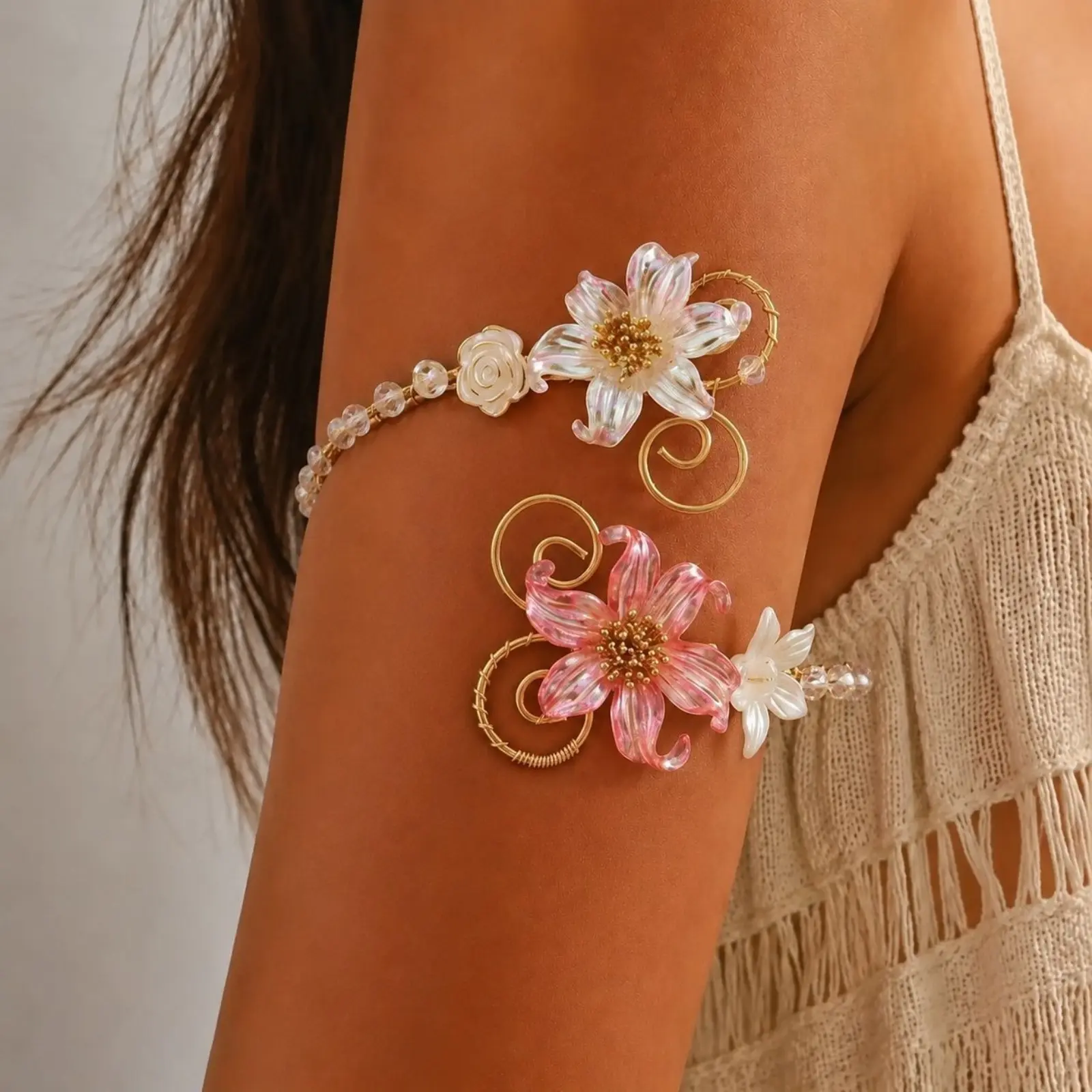 Women’s Hand-Wrapped Flower Pearl Arm Cuff, Open Bangle Arm Band, Bohemian Vacation Statement Accessory for Wedding, Formal Gown & Party Outfits
