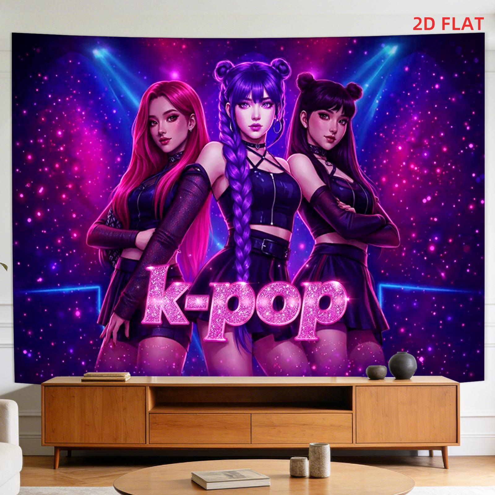 Two-dimensional plane pattern printed tapestry - Korean pop idol group, music ensemble, bright colors, purple background, performance scene, room wall decoration,suitable for living roomoffice,party decoration funny decorative tapestry durable man