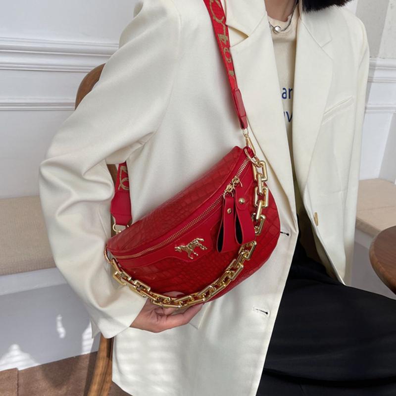 Horse Decor Double Zipper Chain Fanny Pack Crossbody Chest Bag Crocodile Embossed Coin Purse Waist Belt Pocket Runningbelt